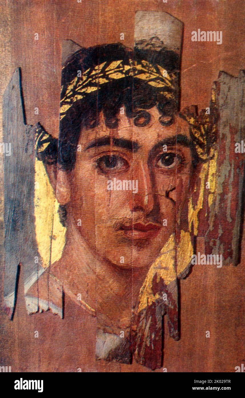 Ritratto di un giovane uomo in una corona d'oro, ritratto della mummia Fayum, Romano-Egiziano, inizio 2nd ° secolo. Foto Stock
