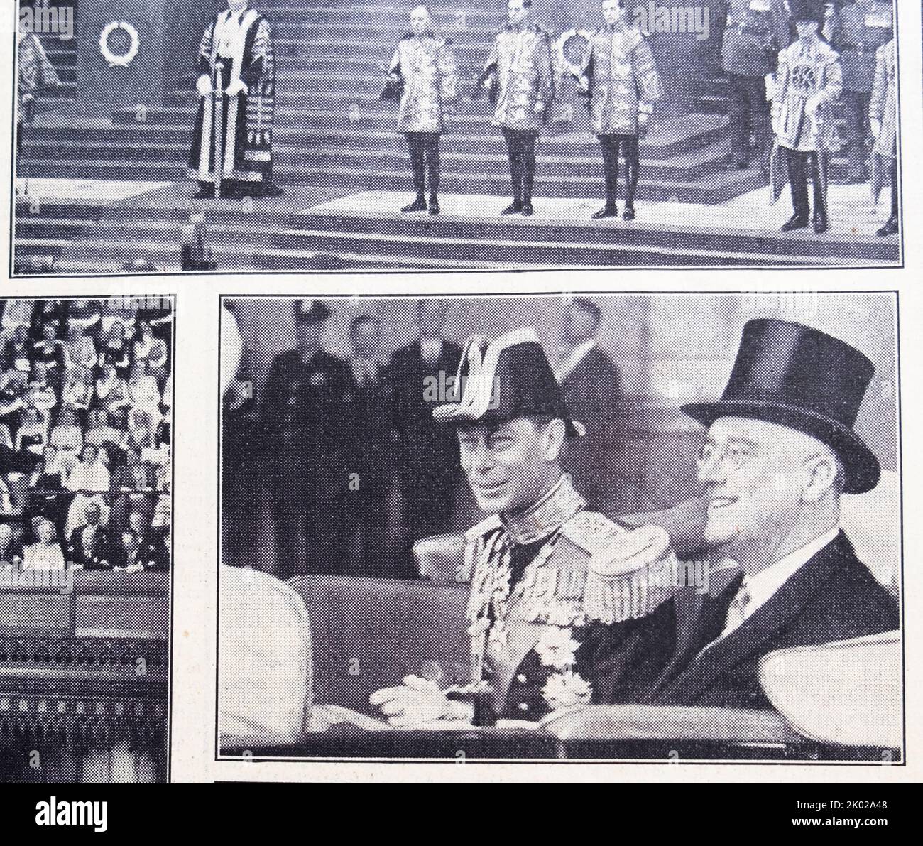 Re Giorgio VI e il presidente Roosevelt indossano un cappello seduto insieme in un'auto durante la sua visita negli Stati Uniti d'America, USA nel 1939 apparso nel Times Newspaper Memorial dopo che il re morì nel febbraio 1952 Londra UK Foto Stock