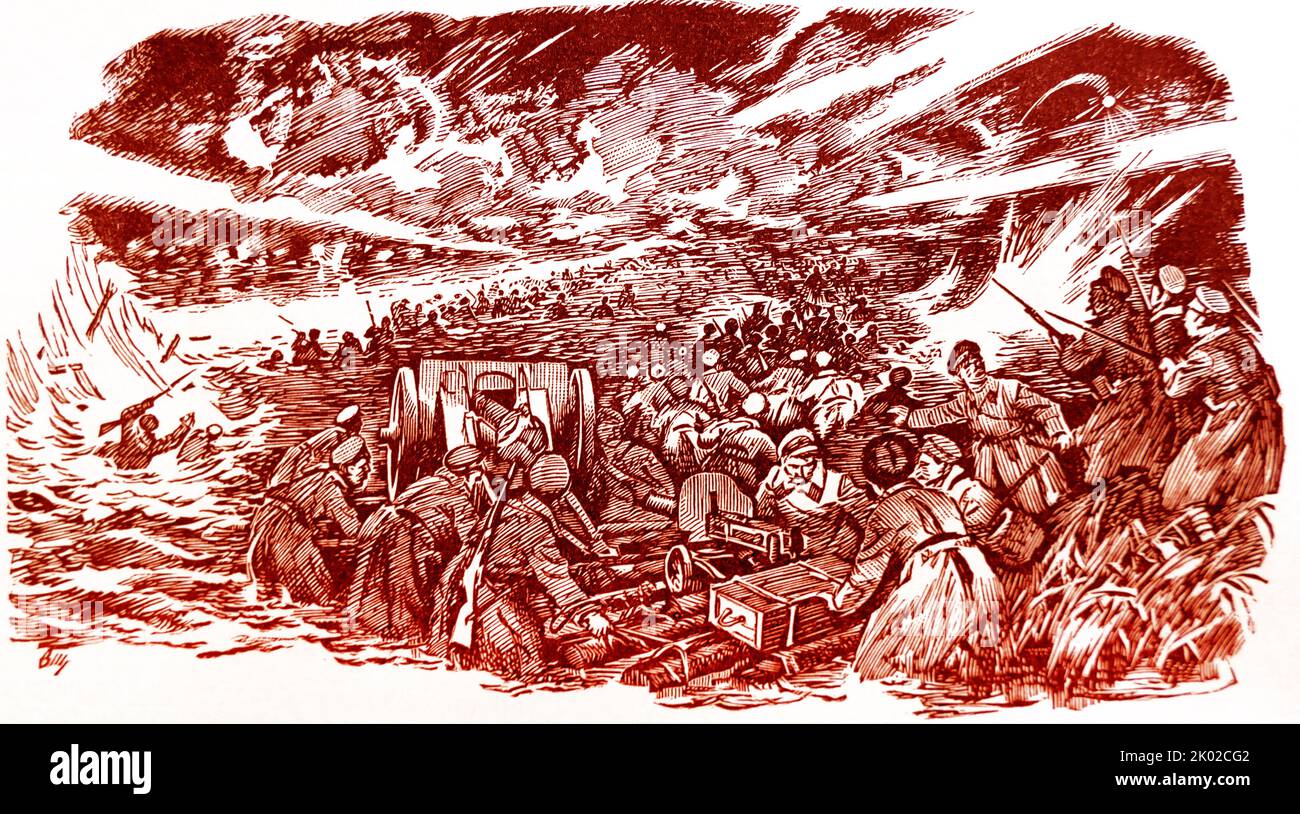 Illustrazione che mostra la sconfitta dell'Esercito Bianco, durante la guerra civile russa Foto Stock