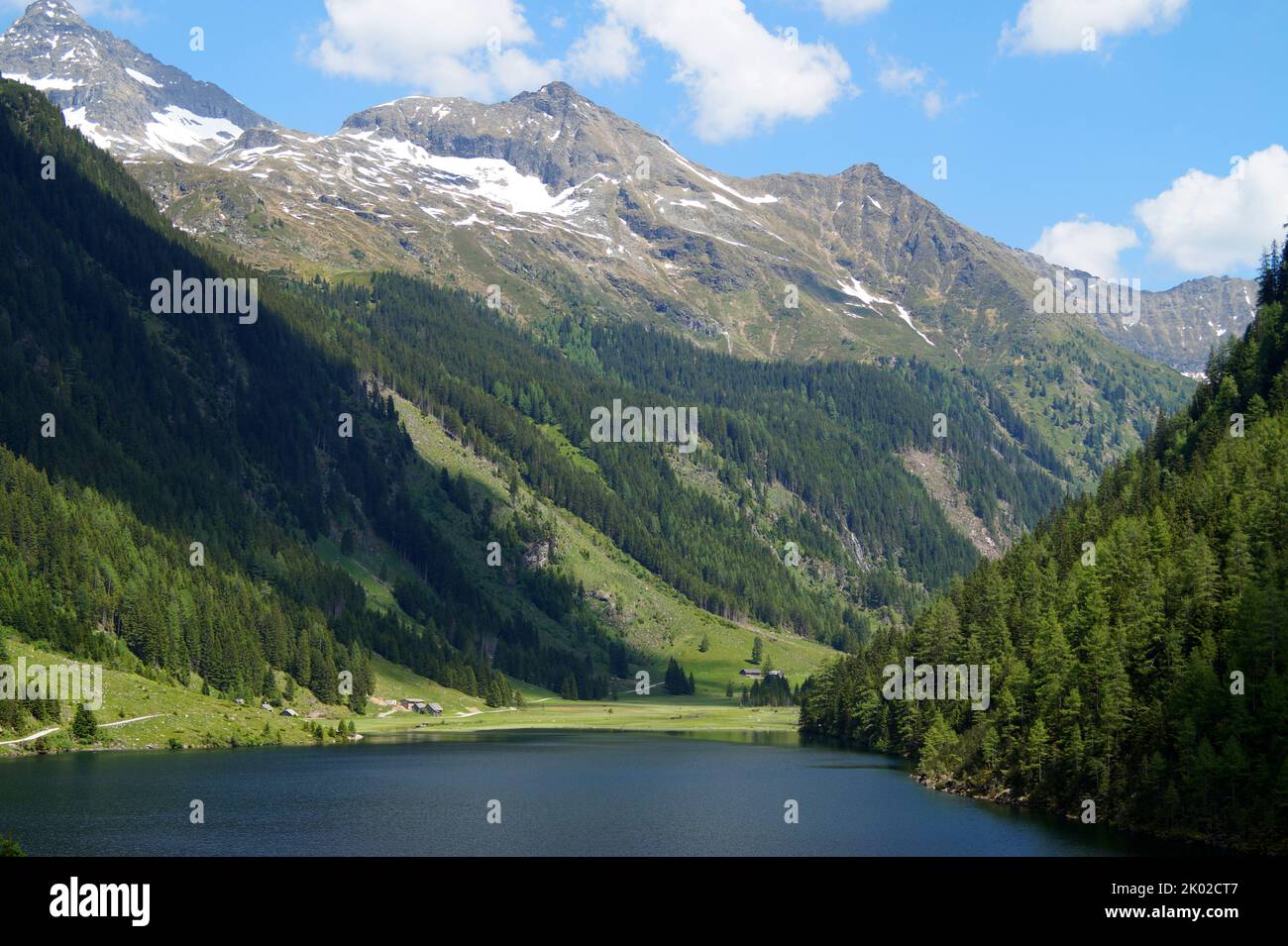 Paesaggio alpino verdeggiante e paesaggistico con un lago e abeti e Alpi innevate della regione di Schladming-Dachstein in Austria (Steiermark o Stiria) Foto Stock