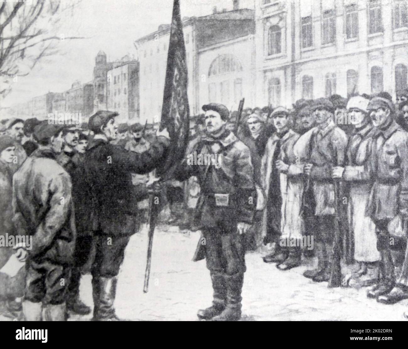Presentazione del banner ad un distaccamento di membri sindacali mobilitati prima di essere inviati in prima fila. (Da una foto di A.V. Moravov.) Foto Stock