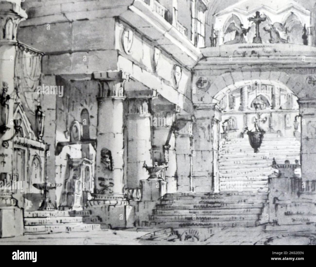 Disegno architettonico di Pietro di Gottardo Gonzaga (1751 - 1831); scenografo teatrale italiano che lavora in Italia e, dal 1792, nell'Impero russo. Foto Stock