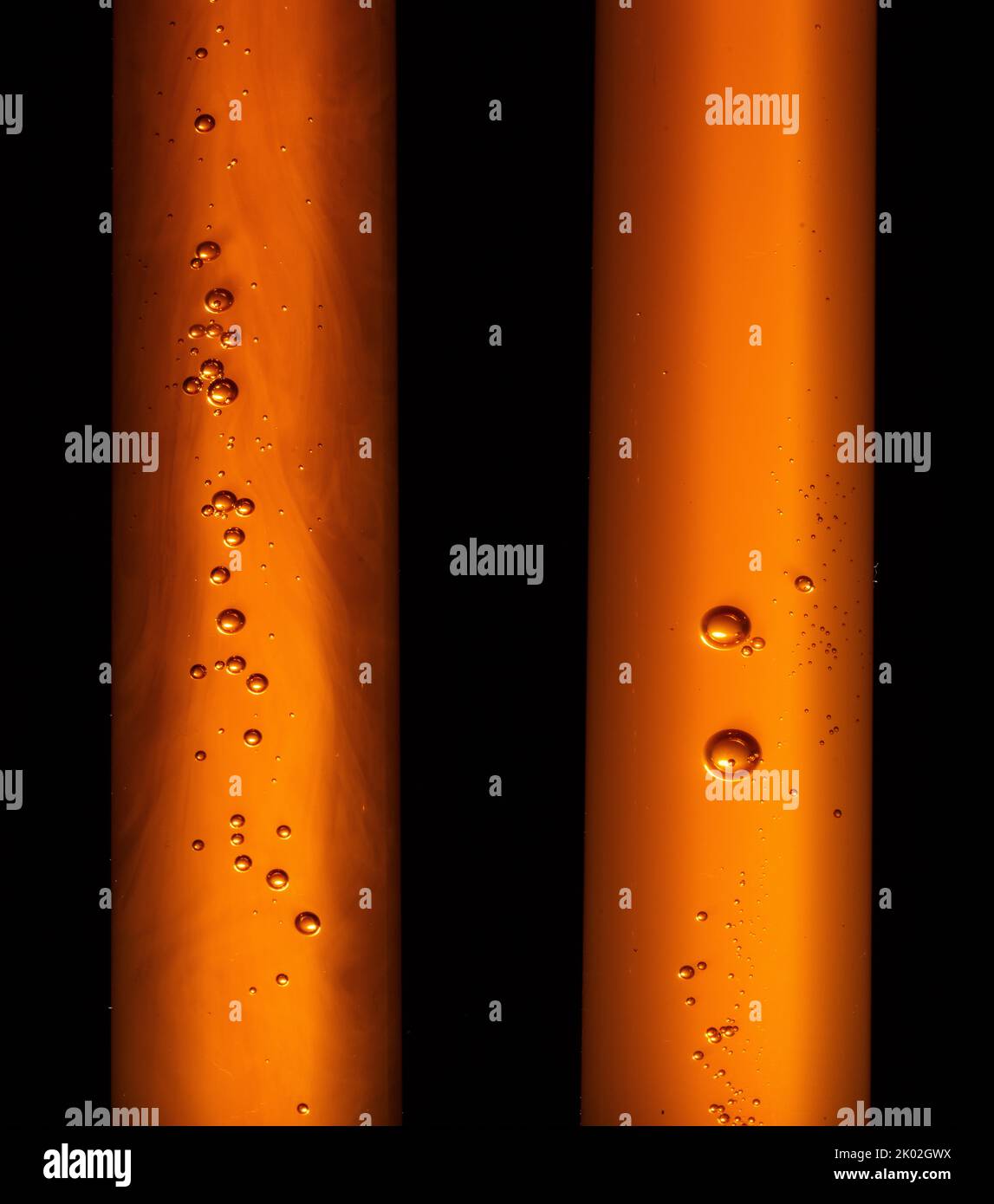 Lecitina di girasole liquida gialla viscosa con bolle in provetta trasparente su fondo scuro Foto Stock