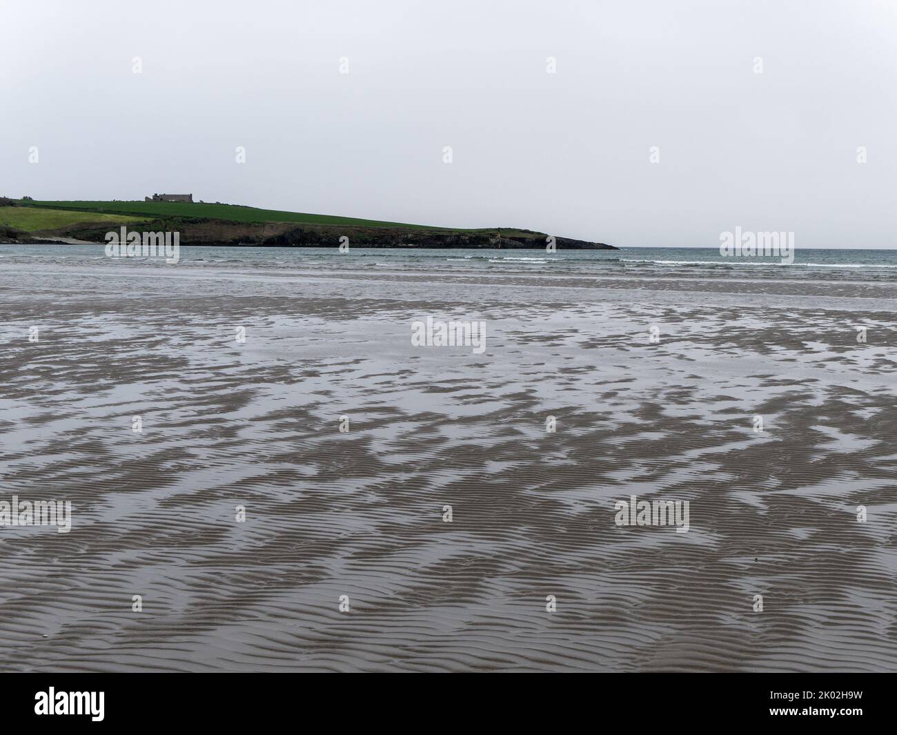 Sabbia umida ondulata sulla riva di un mare freddo. Paesaggio di mare in una giornata nuvolosa. Splendidi motivi sulla sabbia vicino al corpo d'acqua. Foto Stock