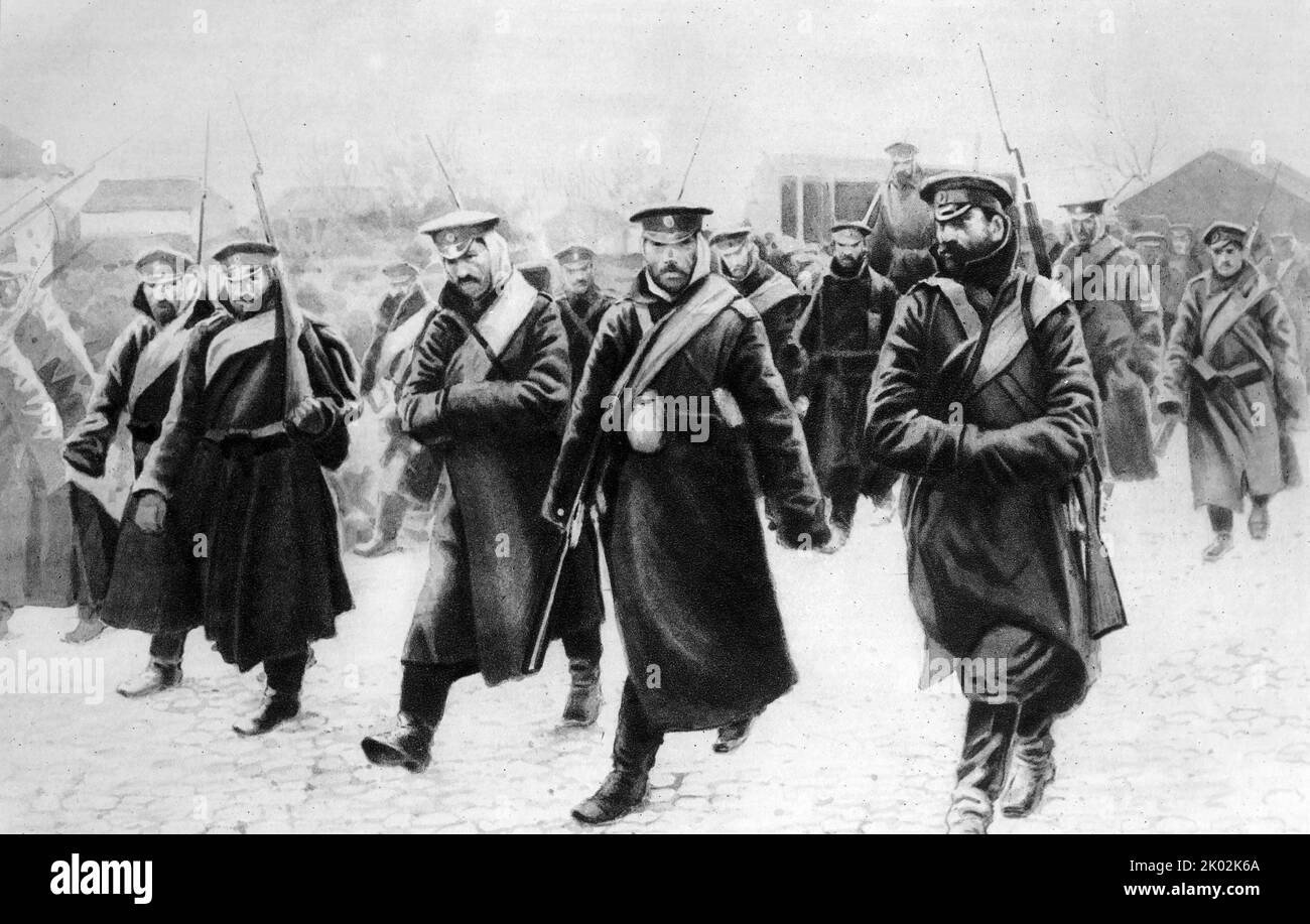 I SOLDATI RUSSI MARCIAVANO sul fronte orientale russo durante la prima guerra mondiale. Foto Stock