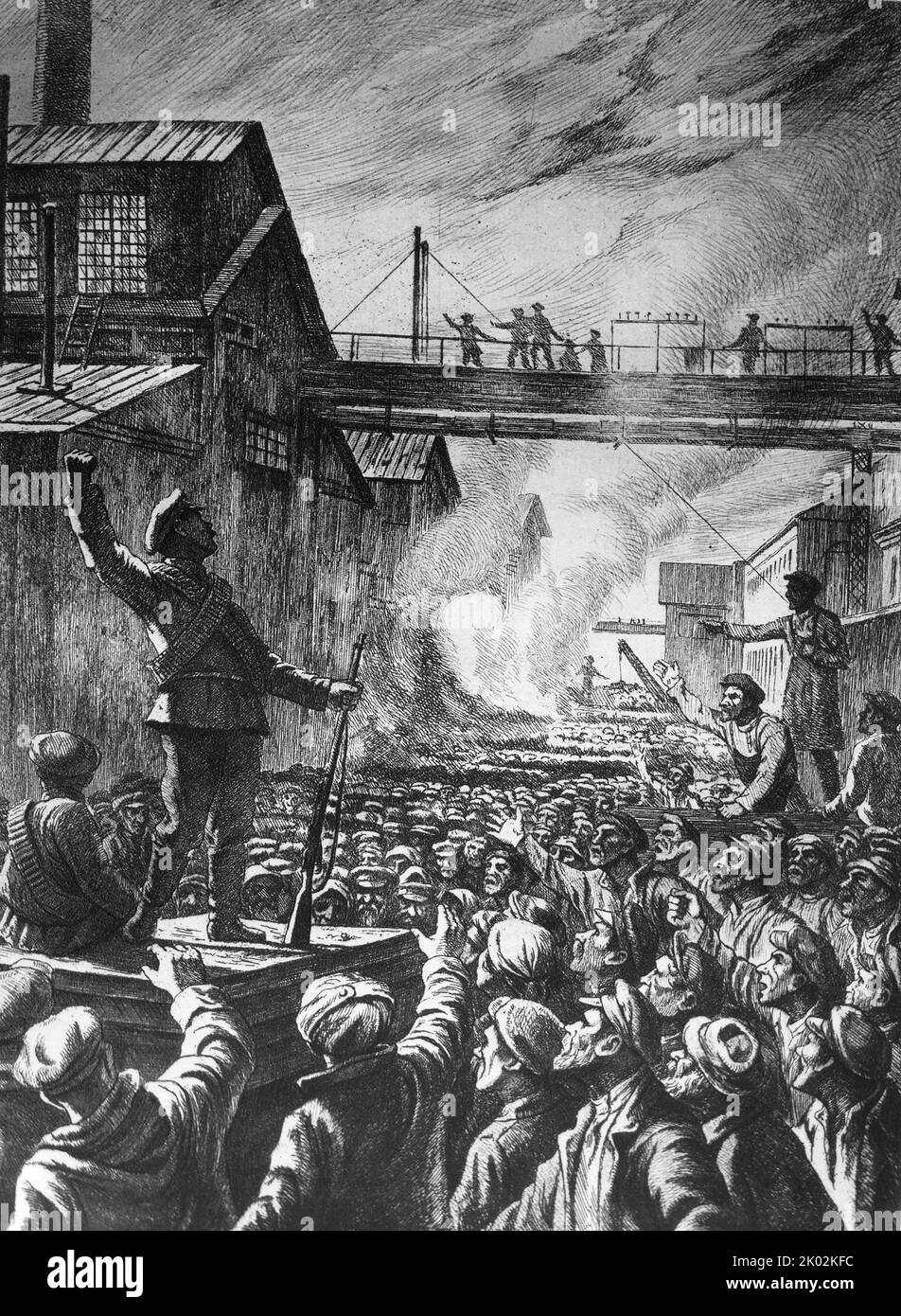 Illustrazione di un soldato che esorta i lavoratori della fabbrica di Putilov a sostenere una protesta contro il governo provvisorio russo. Luglio 1917 (illustrazione) Foto Stock