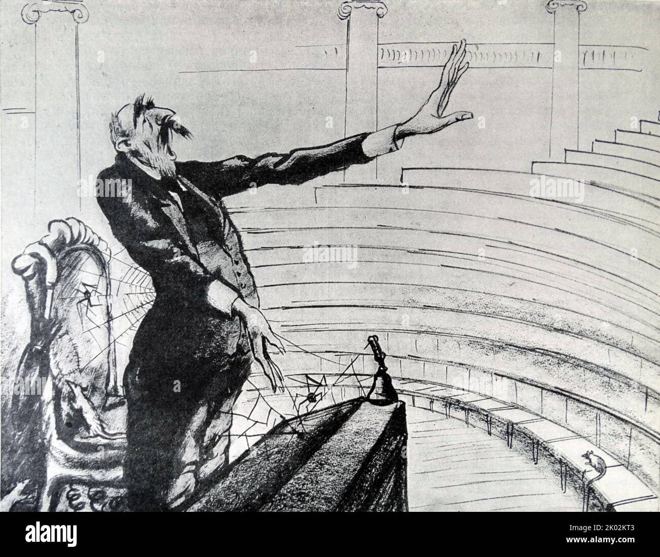 Caricatura di Nikoloz Chkheidze (1864 - 1926), un politico georgiano. Negli anni '1890s promosse il movimento socialdemocratico in Georgia. Divenne una figura chiave nella Rivoluzione russa (dal 1917 febbraio al 1917 ottobre) come presidente menscevico del Comitato Esecutivo del Soviet di Pietrogrado (fino al 1917 settembre). In seguito divenne presidente delle assemblee parlamentari della Repubblica Democratica di Georgia, del Consiglio Nazionale, dell'Assemblea costituente e del Parlamento. Caricatura di Kukryniksy. Foto Stock