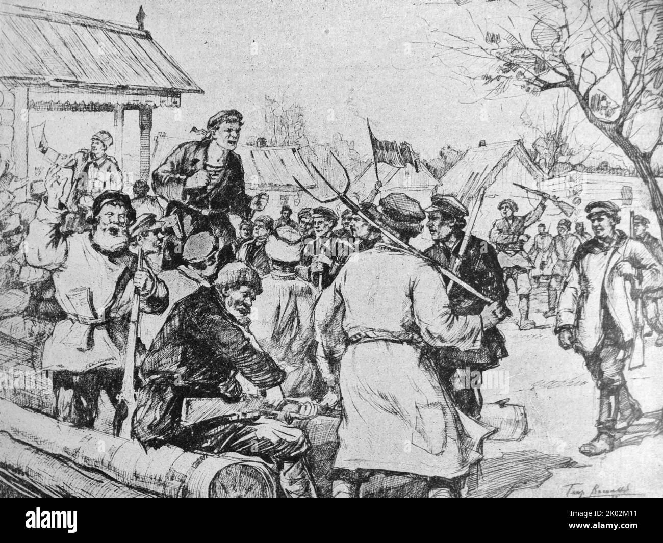Marinai e soldati all'inizio delle rivolte contadine. Disegno di P. Vasiliev. Foto Stock