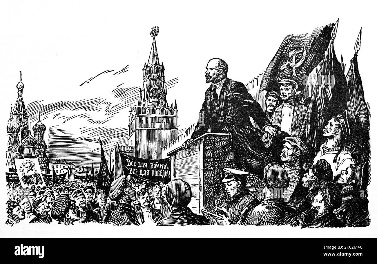 Illustrazione che mostra Lenin che si rivolge a una folla durante la guerra civile 1920 Foto Stock