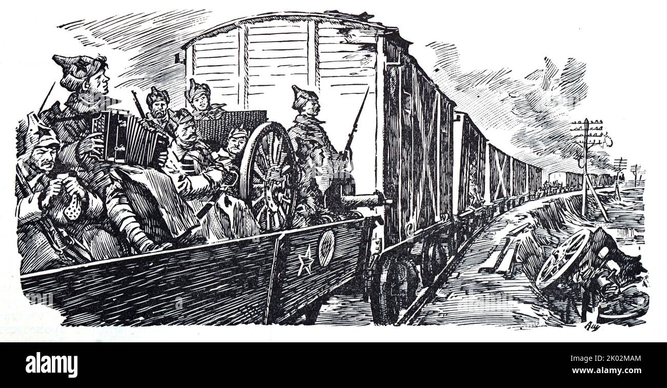 Illustrazione che mostra i soldati dell'esercito rosso che ritornano dalla Polonia, in Russia durante la Rivoluzione russa. 1917 Foto Stock