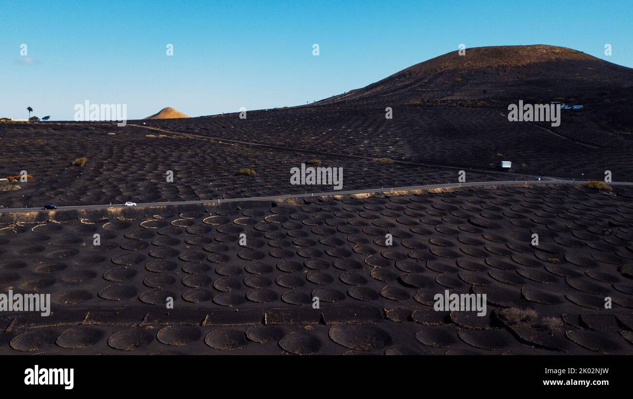 Paesaggio vulcanico visto dal drone con buchi per produrre vino in agricoltura attività. Vigneto sulla sabbia di volcan. Una destinazione incredibile per viaggiare e en Foto Stock