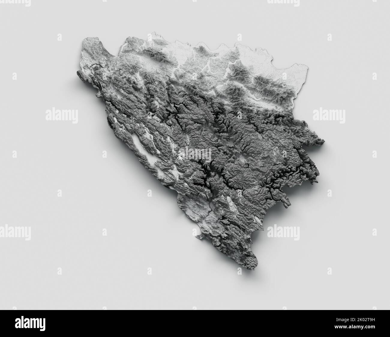 Una rappresentazione 3D del rilievo della mappa della Bosnia-Erzegovina su sfondo bianco Foto Stock