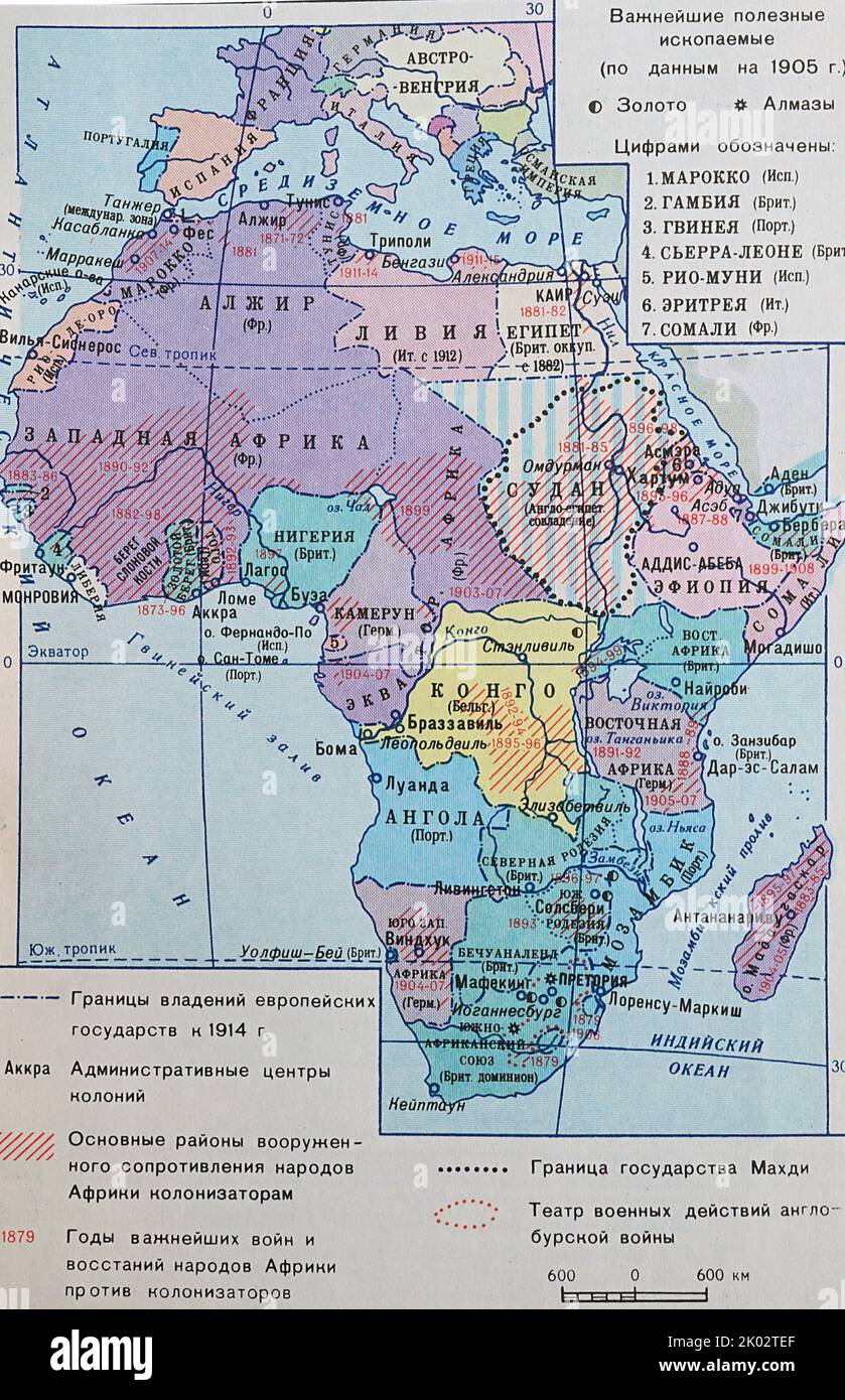 Mappa russa 1918, che mostra le più importanti fonti minerarie per oro e argento in Africa coloniale Foto Stock