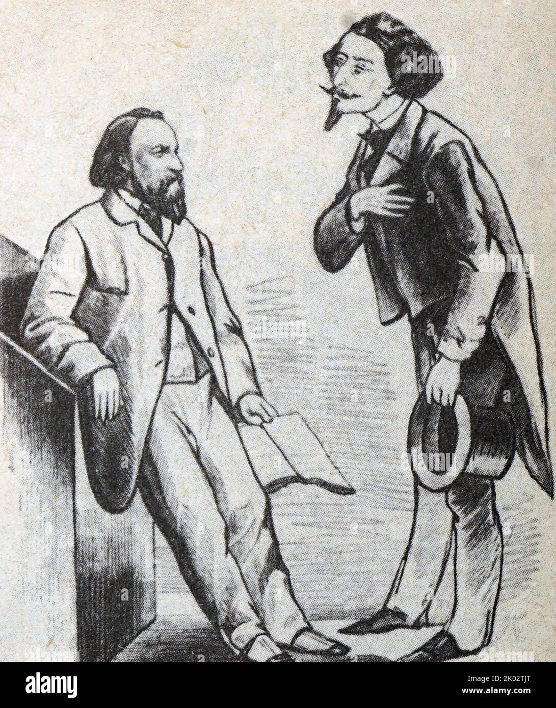 Caricatura dei discorsi della stampa antidemocratica russa contro Alexander Ivanovich Herzen (1812 - 1870) scrittore e pensatore russo noto come il "Padre del socialismo russo". Dal disegno di A. Yushanov. (Sotto la caricatura c'è una didascalia: Non sei arrabbiato con me, Alexander Ivanovich, ti rispetto dal fondo del mio cuore e ti considero una persona onesta, ma ora parlo contro di te, è solo da un calcolo commerciale: sapete, la vostra camicia è più vicina al vostro corpo. ) Foto Stock