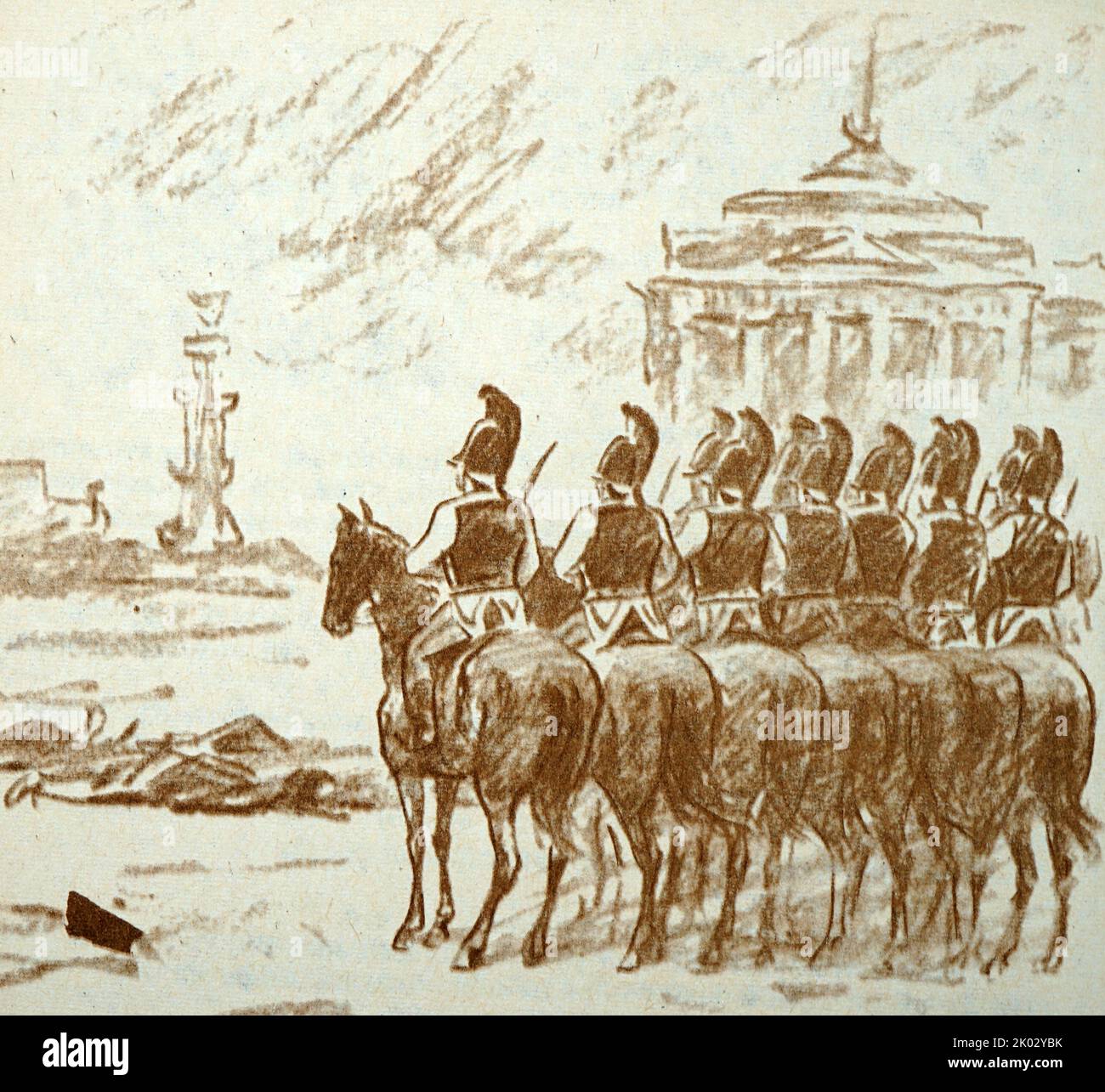 B. Khotimsky. Isola-Monumento a Cavalrymen, un'illustrazione. 19th ° secolo esercito russo. Foto Stock