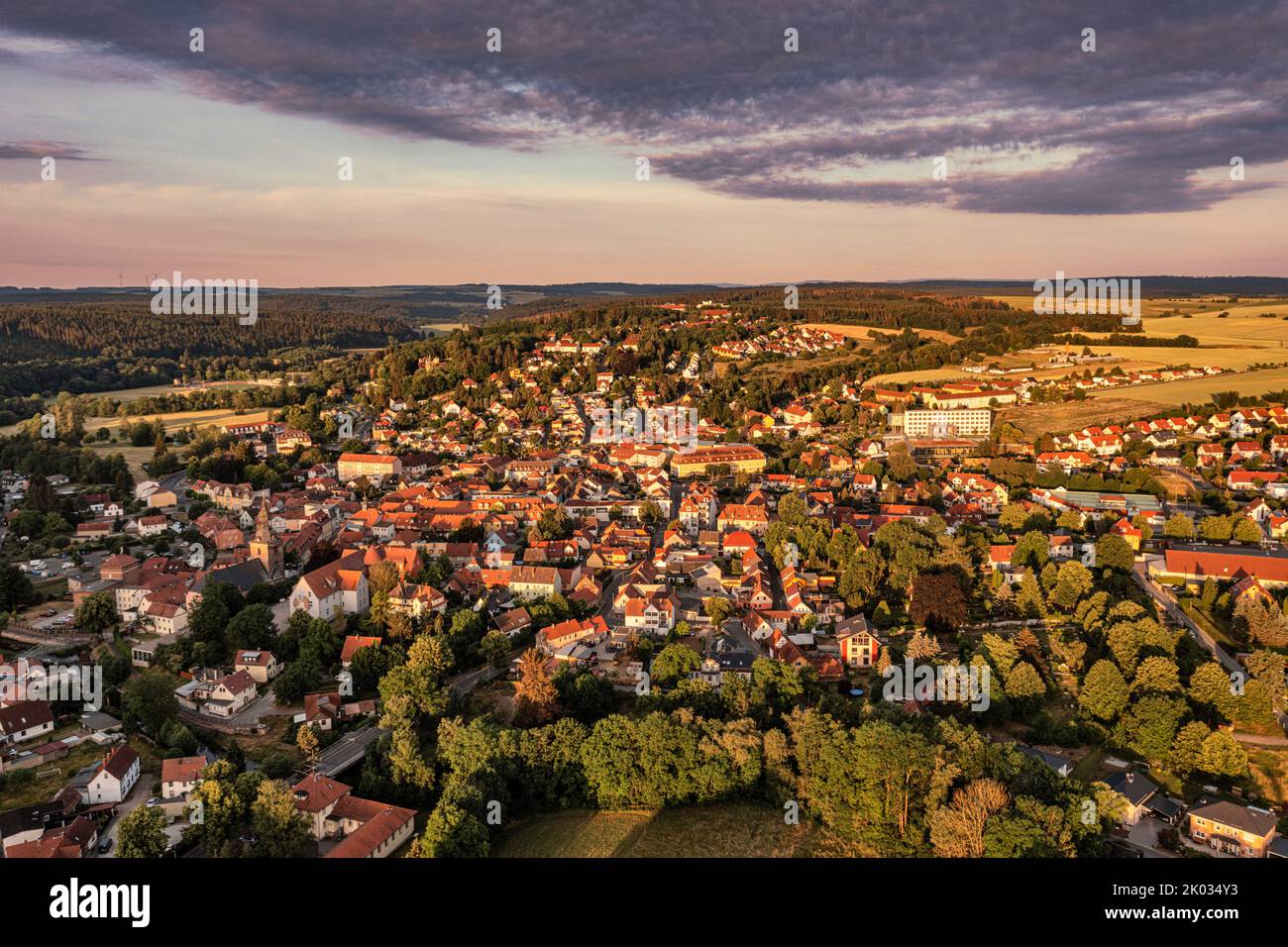 Germania, Turingia, Bad Berka, città, panoramica, luce del mattino, foto aerea Foto Stock