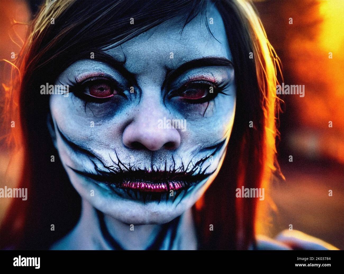 Una giovane strega con la pittura di faccia dello scheletro Foto Stock