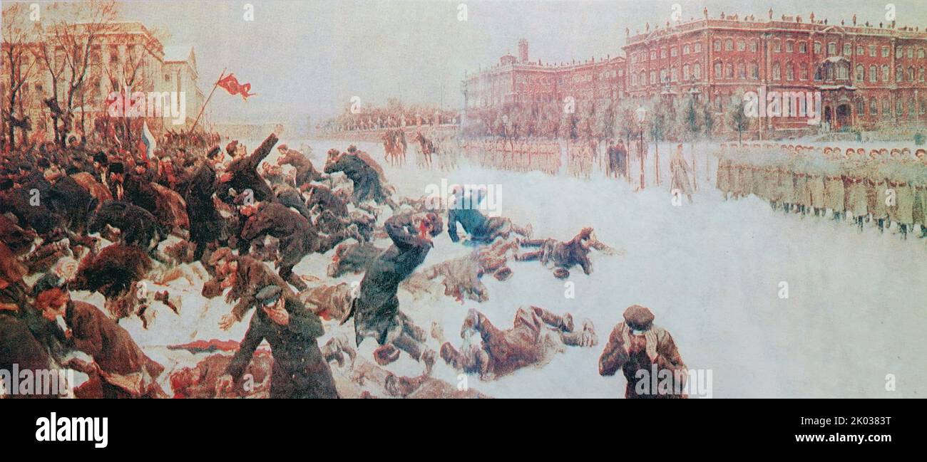 Sanguinosa Domenica. Sparatutto vicino al Palazzo d'Inverno. Dipinto di Ivan Vladimiriv. Verniciato 1917. Domenica sanguinosa , 22 gennaio 1905 a San Pietroburgo, Russia, quando dimostranti disarmati, guidati da Padre Georgy Gapon, furono licenziati dai soldati della Guardia Imperiale mentre marciarono verso il Palazzo d'Inverno per presentare una petizione allo Zar Nicola II di Russia. Foto Stock