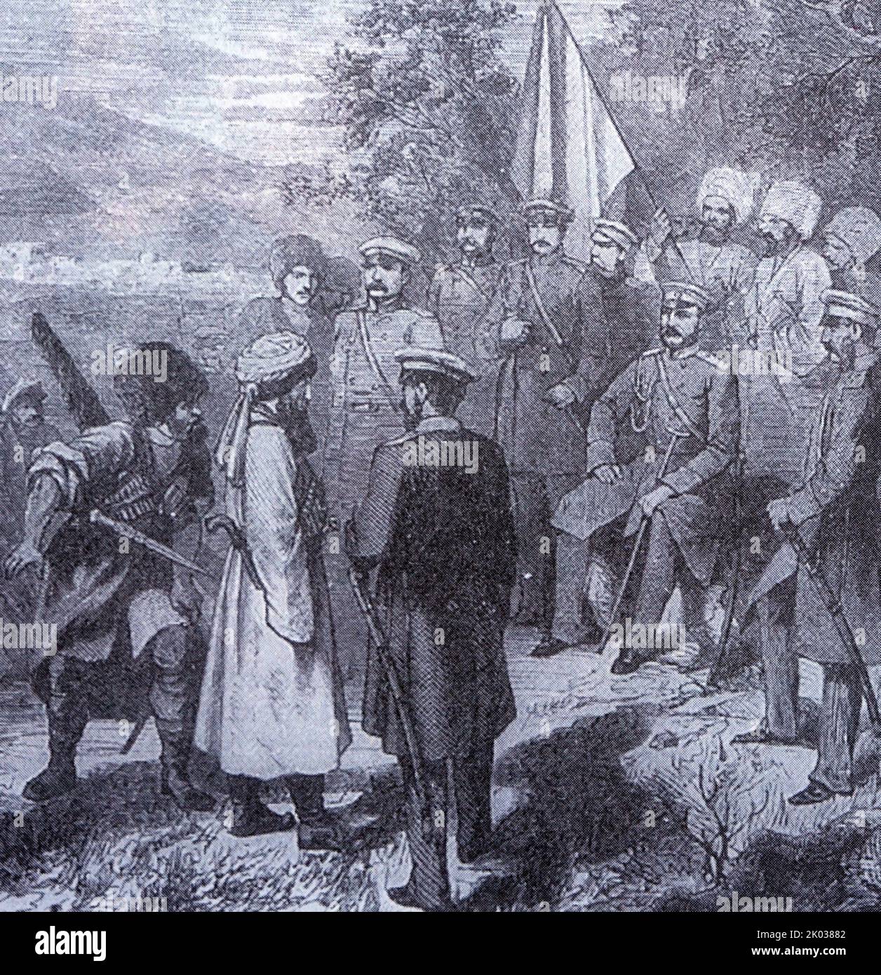 La resa di Shamil nel villaggio di Gunib. Shamil, 3rd Imam di Dagestan (1797-1871), leader della resistenza al dominio russo sul Caucaso. Foto Stock