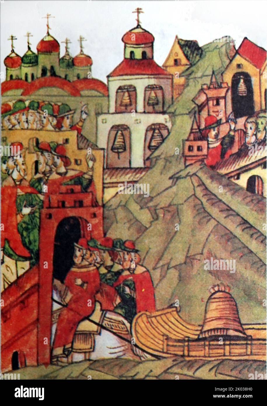 La conquista di Novgorod da parte di Ivan III nel 1478. Deportazione di Martha Posadnitsa, nobili novgorodiani e la campana di veche a Mosca. Artista A. D. Kivshenko. Foto Stock