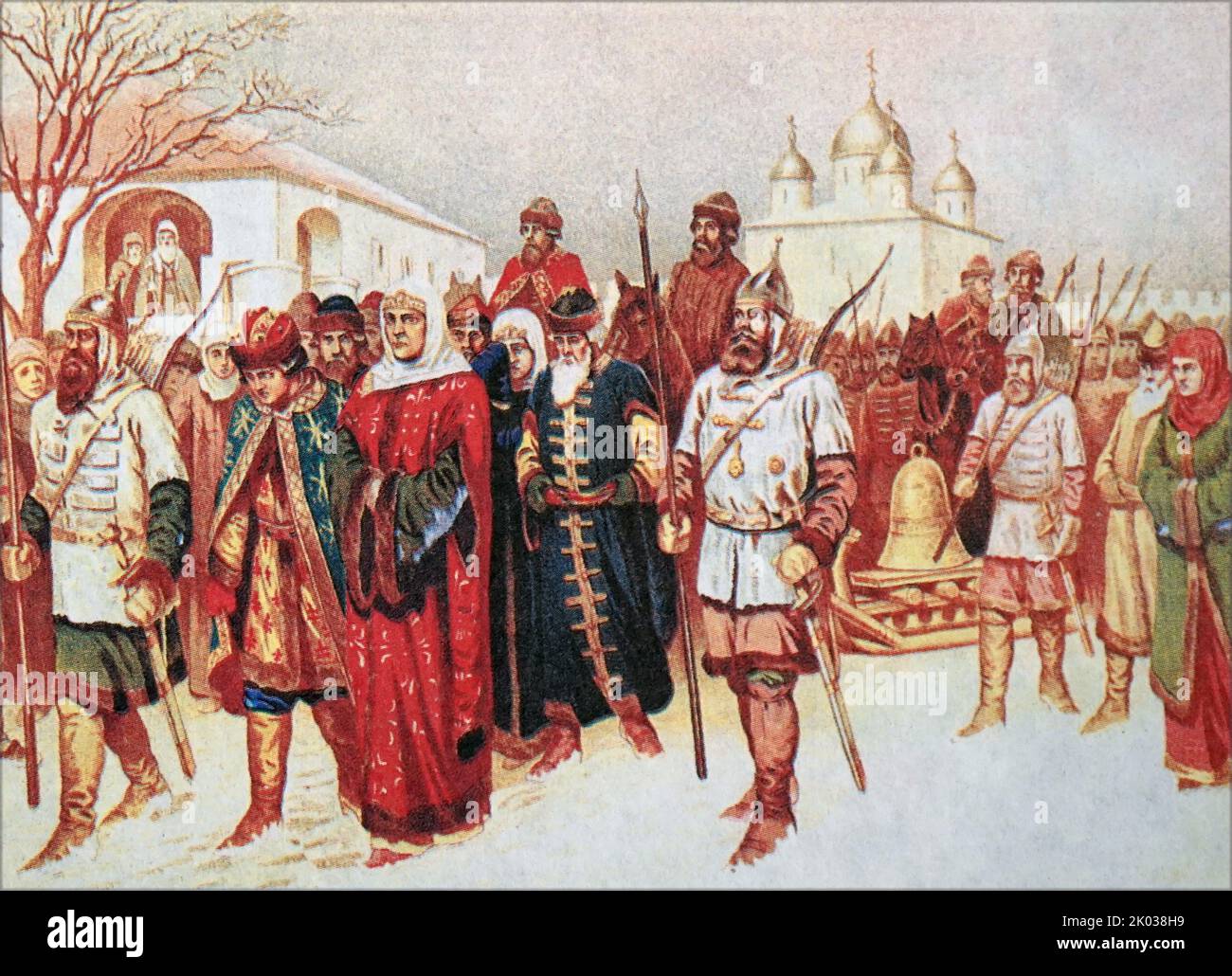 La conquista di Novgorod da parte di Ivan III nel 1478. Deportazione di Martha Posadnitsa, nobili novgorodiani e la campana di veche a Mosca. Artista A. D. Kivshenko. Foto Stock