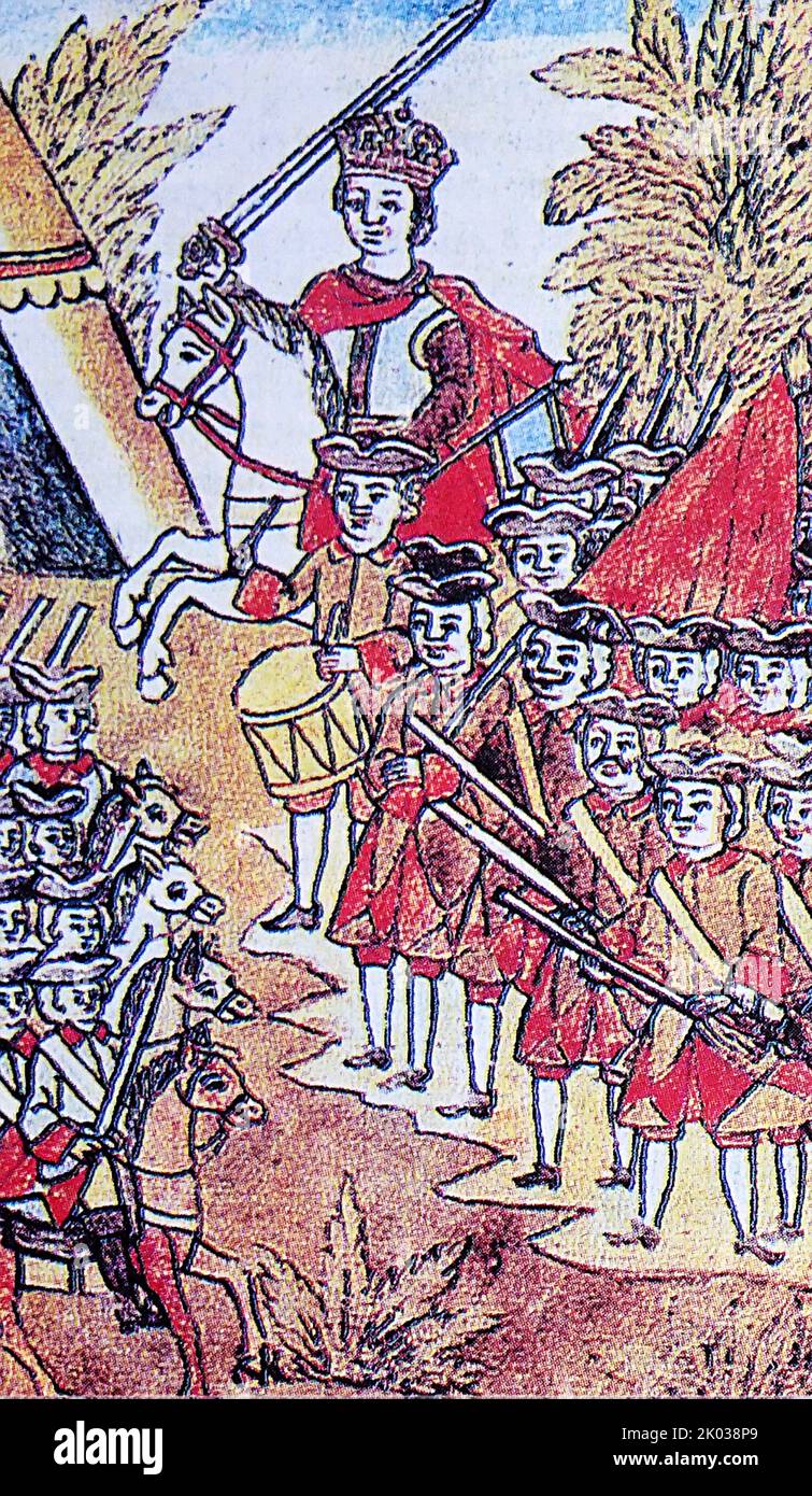 Intorno all'inizio del 18th ° secolo, il reggimento di artiglieria dello zar russo Pietro il Grande attaccando Prcobrajenskvy, vicino a Mosca 1720 Foto Stock
