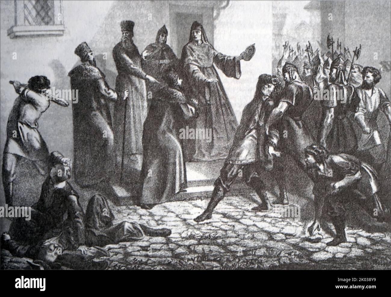 Morte di Falso Dmitry il primo. Falso Dmitry i regnò come zar della Russia dal 10 giugno 1605 fino alla sua morte il 17 maggio 1606. Il primo, e più riuscito, di tre 'pretendenti' che sostenevano, durante il periodo dei guai, di essere il figlio più giovane di Ivan il terribile, tsarevich Dmitry Ivanovich, che si suppone fosse sfuggito al tentativo di assassinio del 1591 quando aveva 8 anni. Foto Stock