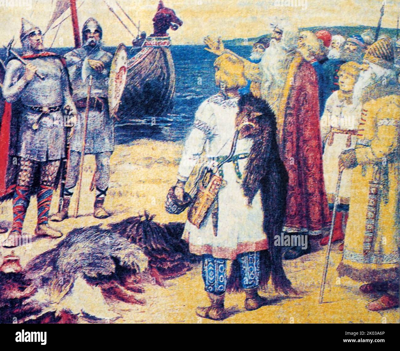 L'arrivo dei Varangiani in Russia. I Varangiani o Varyag erano il nome dato dai Greci, dal popolo di Rus, e da altri ai Vichinghi. Tra il 9th ° e 11th ° secolo, i Varengiani governarono lo stato medievale di Kievan Rus', si stabilirono tra molti territori della Bielorussia moderna, Russia, e Ucraina, e formarono la Guardia Varangiana bizantina. Secondo la Cronaca primaria di Kievan del 12th° secolo, un gruppo di Varangiani conosciuto come Rus si stabilì a Novgorod nel 862 sotto la guida di Rurik. Foto Stock