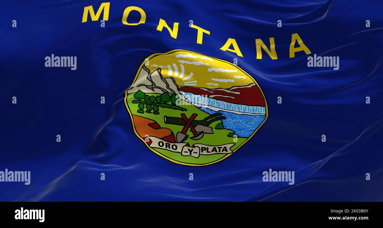 Vista ravvicinata dell'ondulazione della bandiera di stato del Montana. Il Montana è uno stato della sottoregione Mountain West degli Stati Uniti occidentali. Sfondo a trama di tessuto Foto Stock