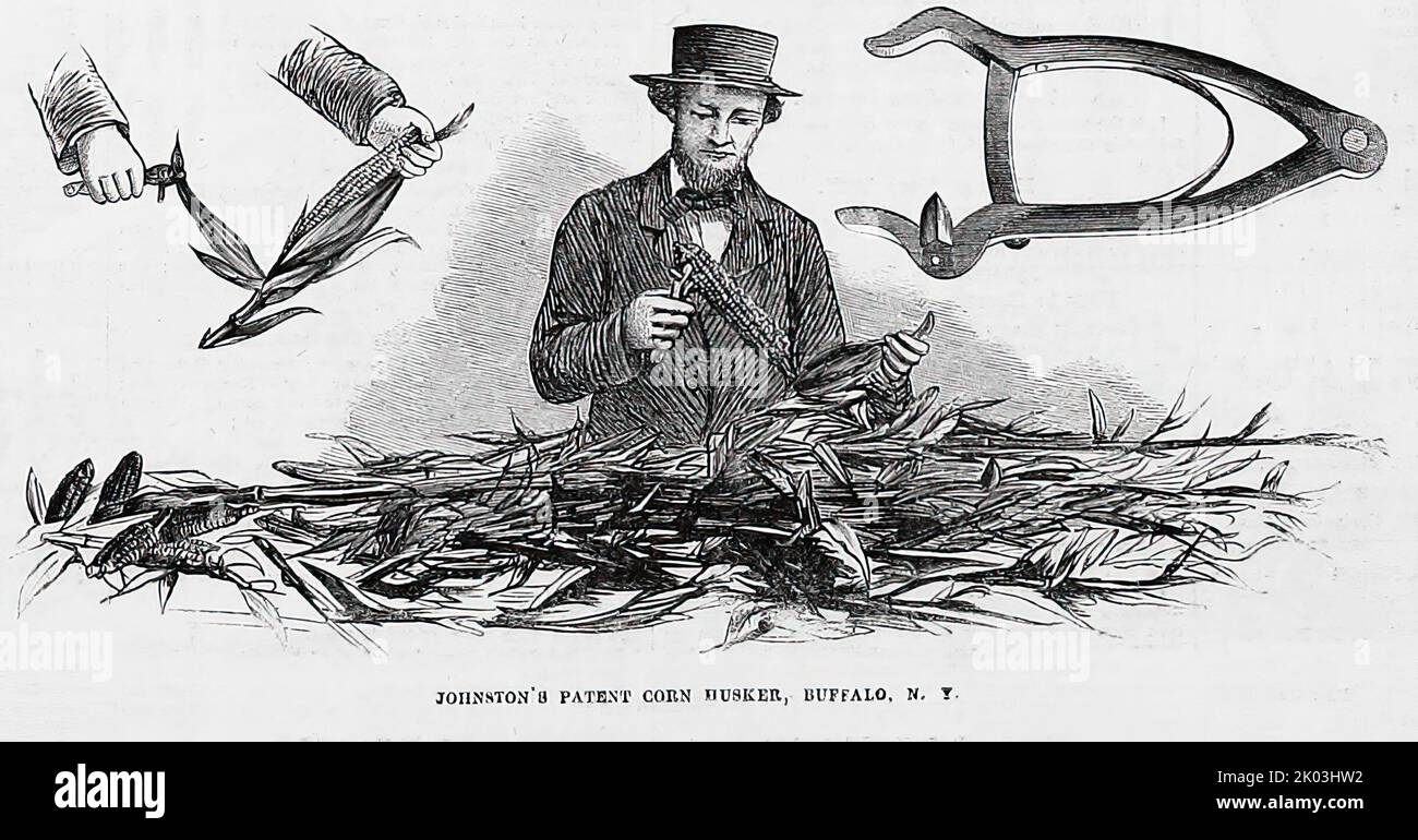 Johnston's patent corn husker, Buffalo, New York (1860). Illustrazione del 19th° secolo dal quotidiano illustrato di Frank Leslie Foto Stock
