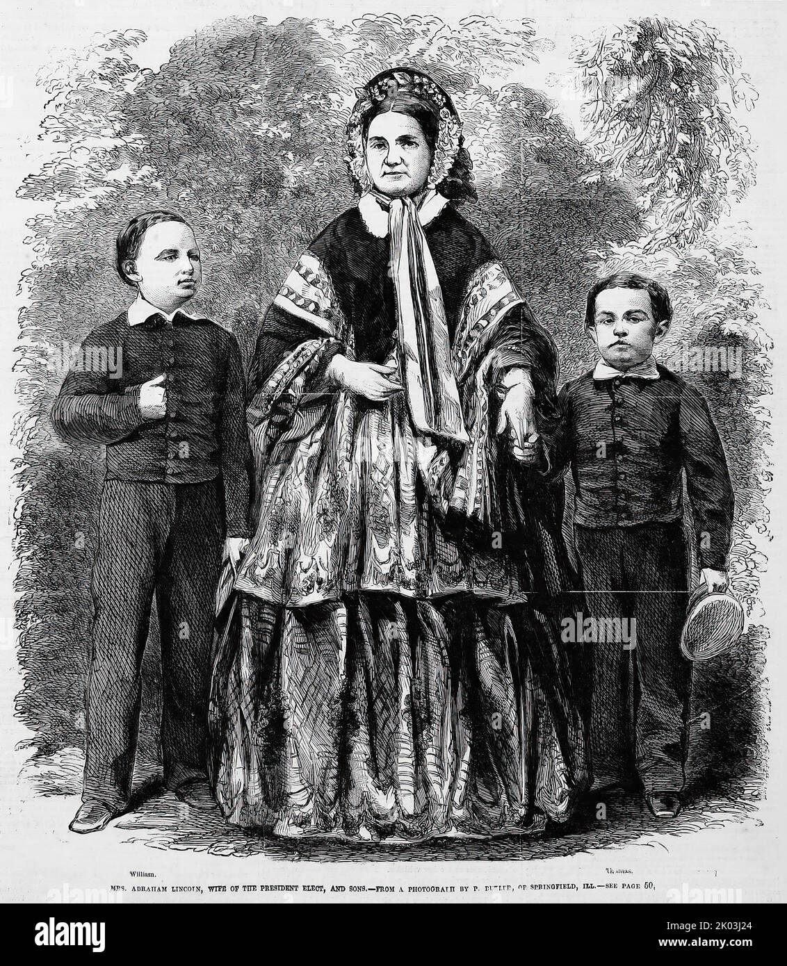 Ritratto di Mary Todd Lincoln, moglie del presidente eletto, e figli (1860). Illustrazione del 19th° secolo dal quotidiano illustrato di Frank Leslie Foto Stock
