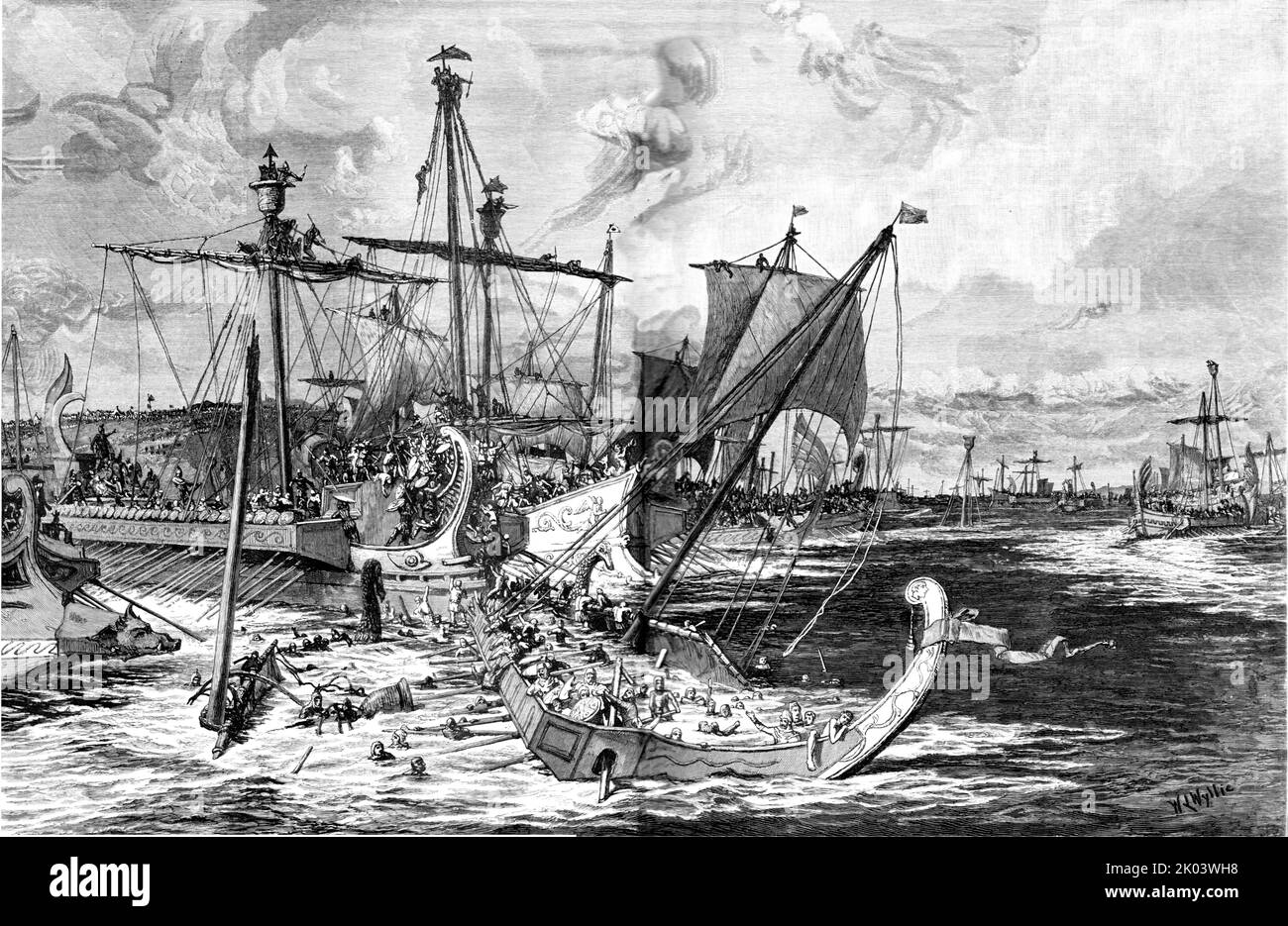 "Navi della vecchia guerra greca nella battaglia di Salamis, 480BC", 1886. Da "The Graphic. Un quotidiano settimanale illustrato Volume 33. Da gennaio a giugno, 1886". Foto Stock