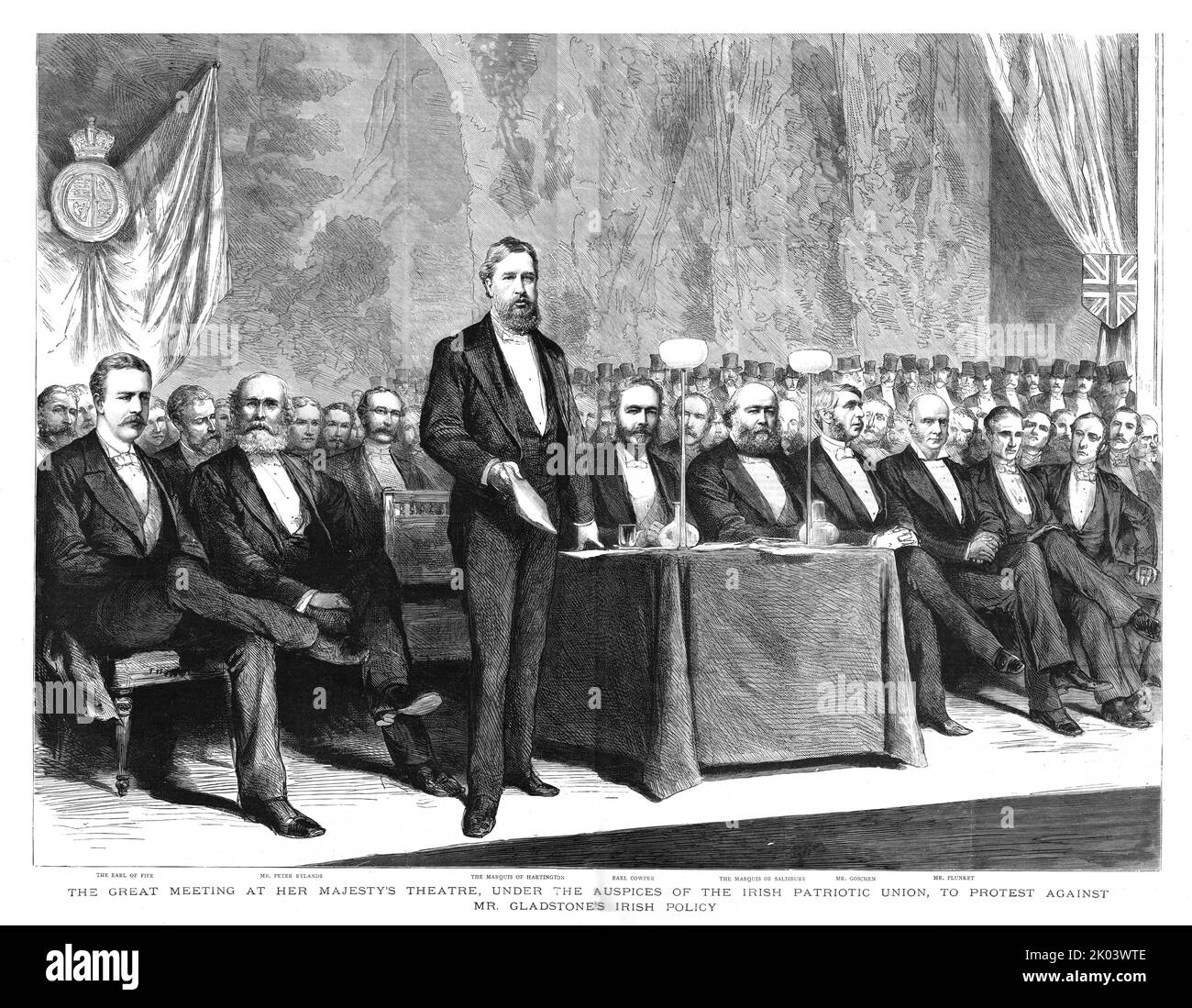 "Il grande incontro al teatro di sua Maestà, sotto gli auspici dell'Unione patriottica irlandese, per protestare contro la politica irlandese di Gladstone", 1886. Da "The Graphic. Un quotidiano settimanale illustrato Volume 33. Da gennaio a giugno, 1886" Foto Stock