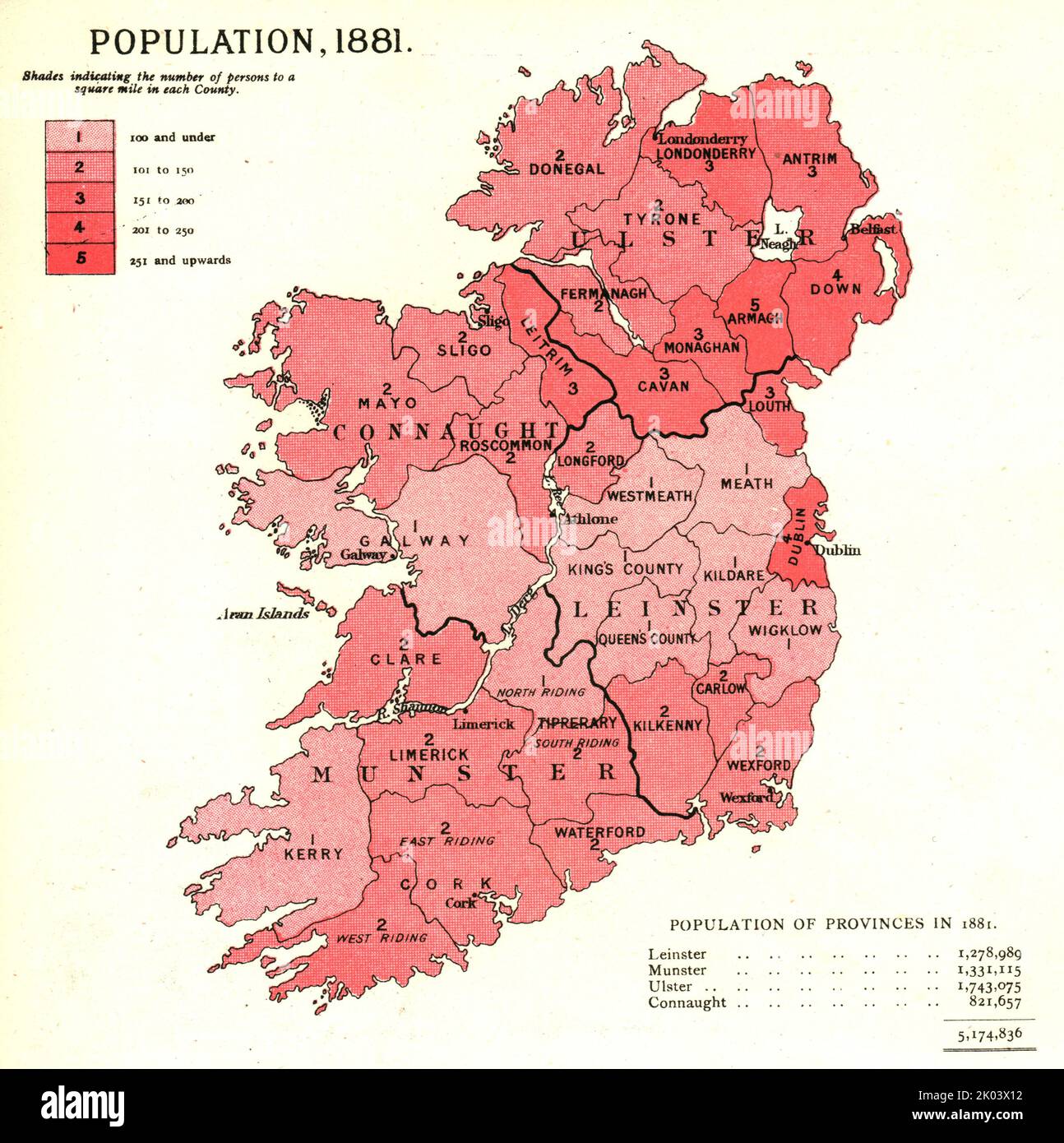 «Carte grafiche statistiche dell'Irlanda; popolazione 1881», 1886. Da "The Graphic. Un quotidiano settimanale illustrato Volume 33. Da gennaio a giugno, 1886". Foto Stock