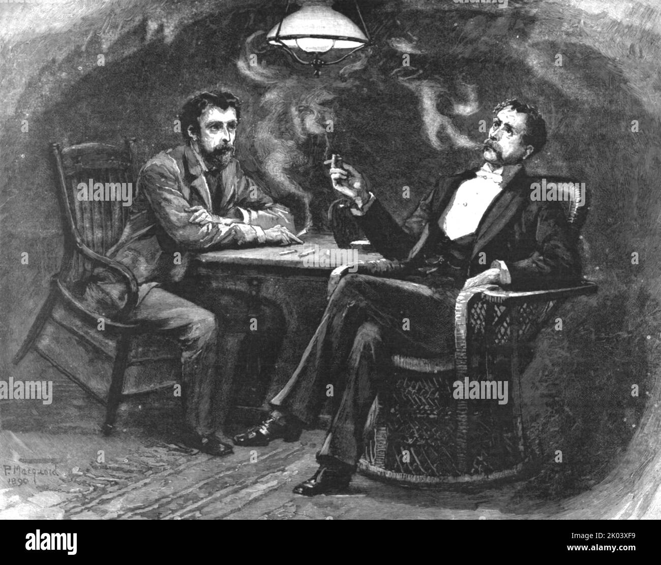 'Madame Leroux'; di Francis Eleanor Trollope; Rushmere, che guardava astrattamente il fumo della sua sigaretta che si alzava verso il soffitto, qui guardò giù a Zefania, e lo trovò con le braccia piegate sul tavolo, appoggiandosi in avanti con un'espressione dell'interesse più intensivo sul suo volto mobile', 1890. Da "The Graphic. Un quotidiano settimanale illustrato", Volume 41. Da gennaio a giugno, 1890. Foto Stock