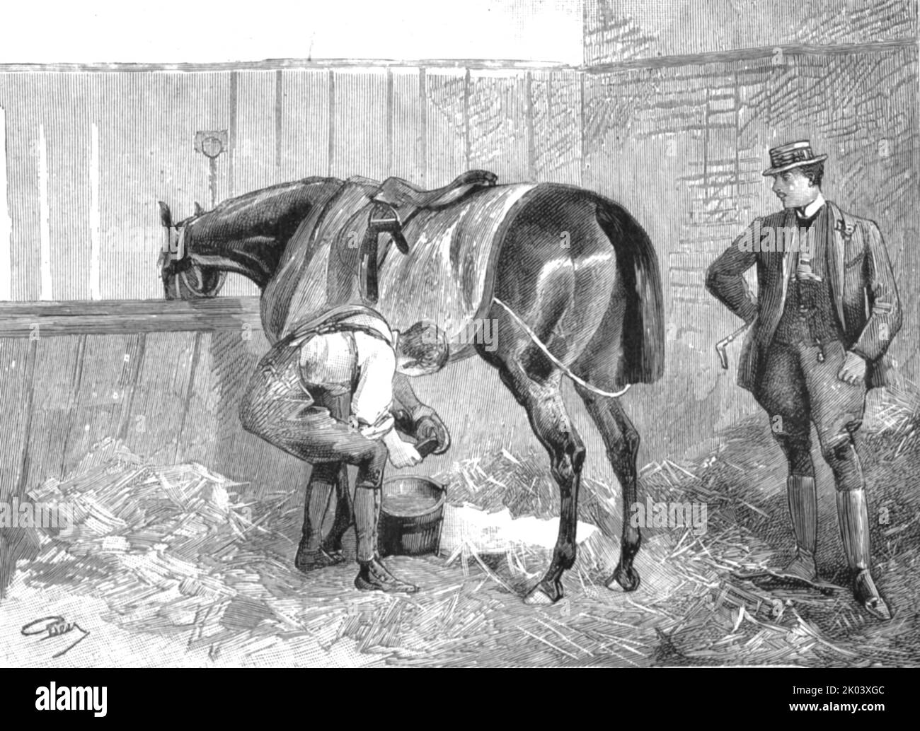 'The Racing Season- Notes at Newmarket; a Owners Visit to His Racing Stable', 1890. Da "The Graphic. Un quotidiano settimanale illustrato", Volume 41. Da gennaio a giugno, 1890. Foto Stock