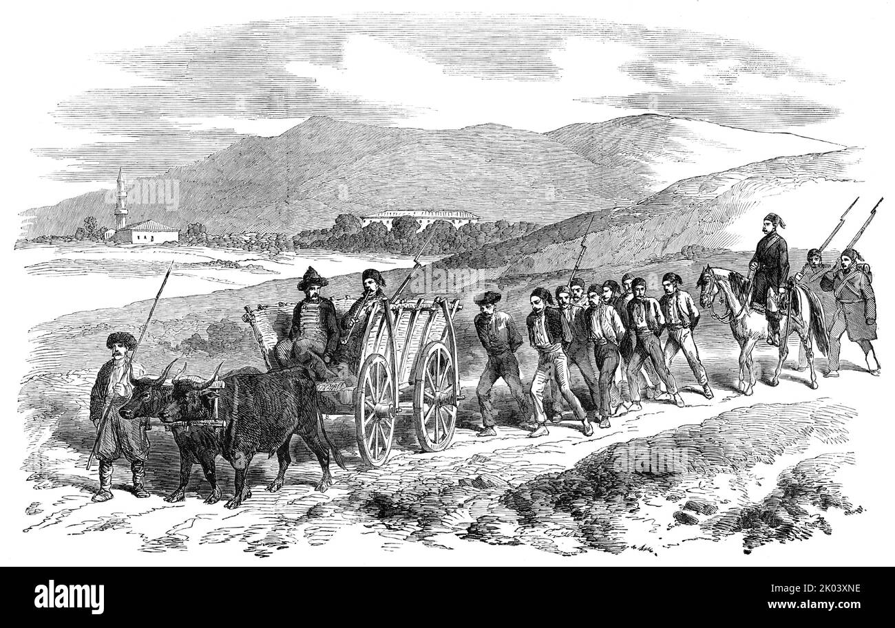 Prigionieri circassi portati a Schumla, 1854. Circassia era un paese e una regione storica che comprendeva approssimativamente la regione nordoccidentale del Caucaso, lungo la riva del Mar Nero. La regione del Caucaso fu fortemente contesa durante le grandi guerre territoriali tra Russia, Persia e Turchia. La città fortificata di Schumla, ora Shumen in Bulgaria, era strategicamente importante e fu utilizzata come quartier generale dalle forze turche ottomane durante la guerra di Crimea. Da "Illustrated London News", 1854. Foto Stock