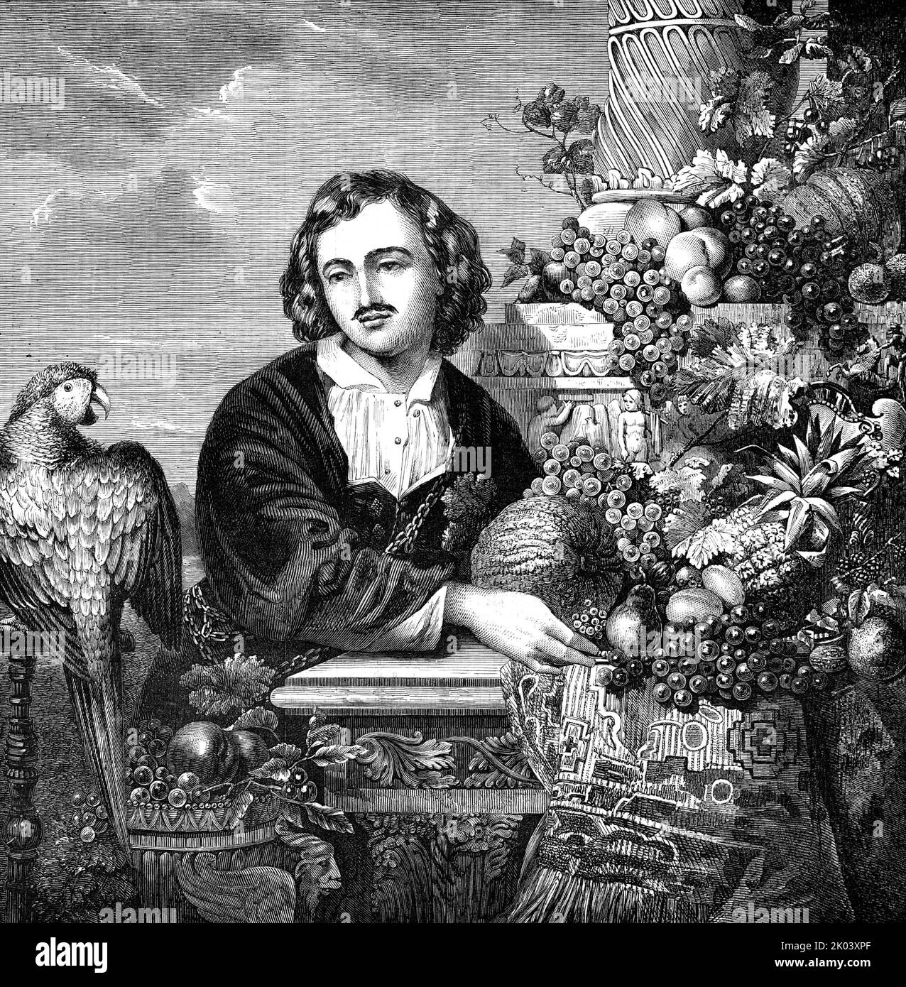 "Frutti" - dipinto da George Lance - dalla Mostra della Royal Academy, 1854. Lancia '...ha scelto il suo motto: "Fresco dal grovoso giro di terra bounteous, nutrito dagli atti e dal sole splendente dell'estate, a succosa, ripudiante, adatto riempire, i vasi dorati di festa dell'imperatore, dove i re sono ospiti." Tutto ciò che la natura e Covent-Garden possono fornire nel modo dei migliori frutti della terra MR. Lance ha copiato con una matita ingannevole. Ha derubato, e per la stessa immagine, i Giardini della Società Zoologica di uno dei suoi migliori uccelli, e ha cercato di repres Foto Stock