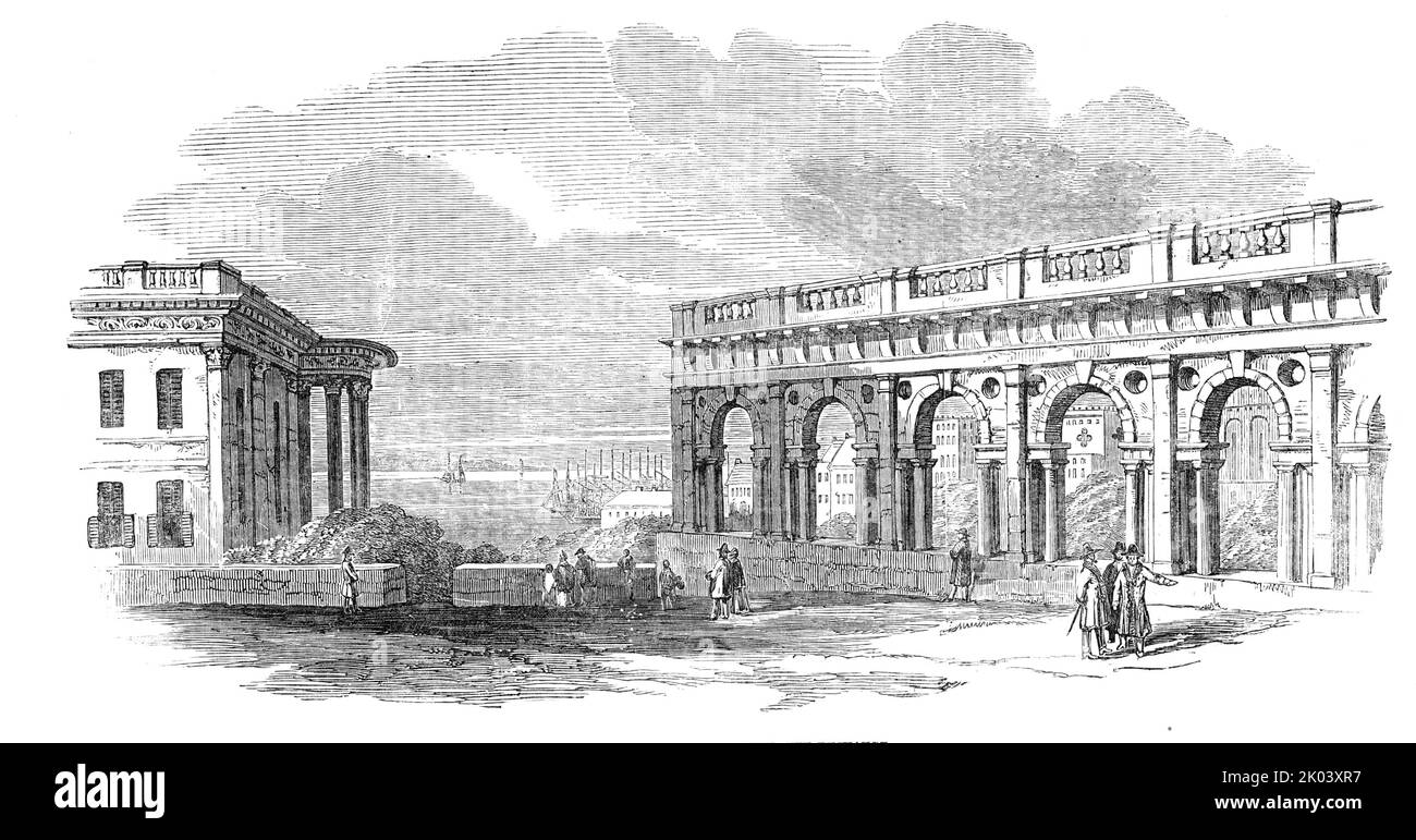 Odessa - Colonnato del nuovo Scambio, 1854. Street scene a Odessa, una città portuale sul Mar Nero, che storicamente è stata rivendicata sia dalla Russia che dall'Ucraina. 'The New Exchange... è situato all'estremità del Boulevard, di fronte al Palazzo del Conte Woronzoff. L'interno è bello; e le palle sono tenute nelle stanze principali durante la stagione di inverno '. Da "Illustrated London News", 1854. Foto Stock