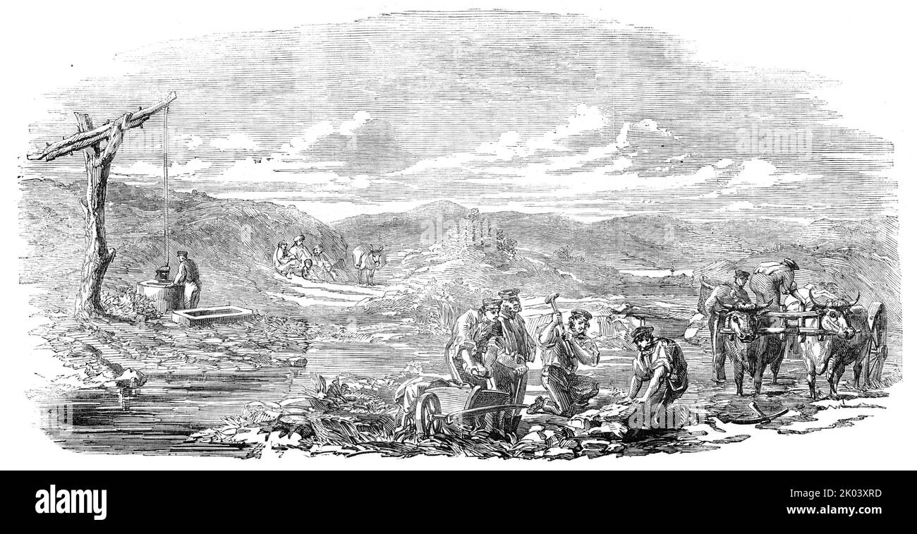 SAPpers ripara la strada tra Schumla e Varna, 1854. Soldati britannici durante la guerra di Crimea. La città fortificata di Schumla, ora Shumen in Bulgaria, era strategicamente importante ed era usata come sede dalle forze turche ottomane. Vista di '...un partito di Sappers che ripara la strada, tra Schumla e Varna, in preparazione alla marcia dell'esercito. La marcia della prima divisione dal quartiere di Varna ad Aladyn, con il termometro dal 80 al 90, deve aver dato alle truppe un buon campione tollerabilmente di campagna turca. Le strade, anche dopo tutto quello che era stato fatto loro, b Foto Stock