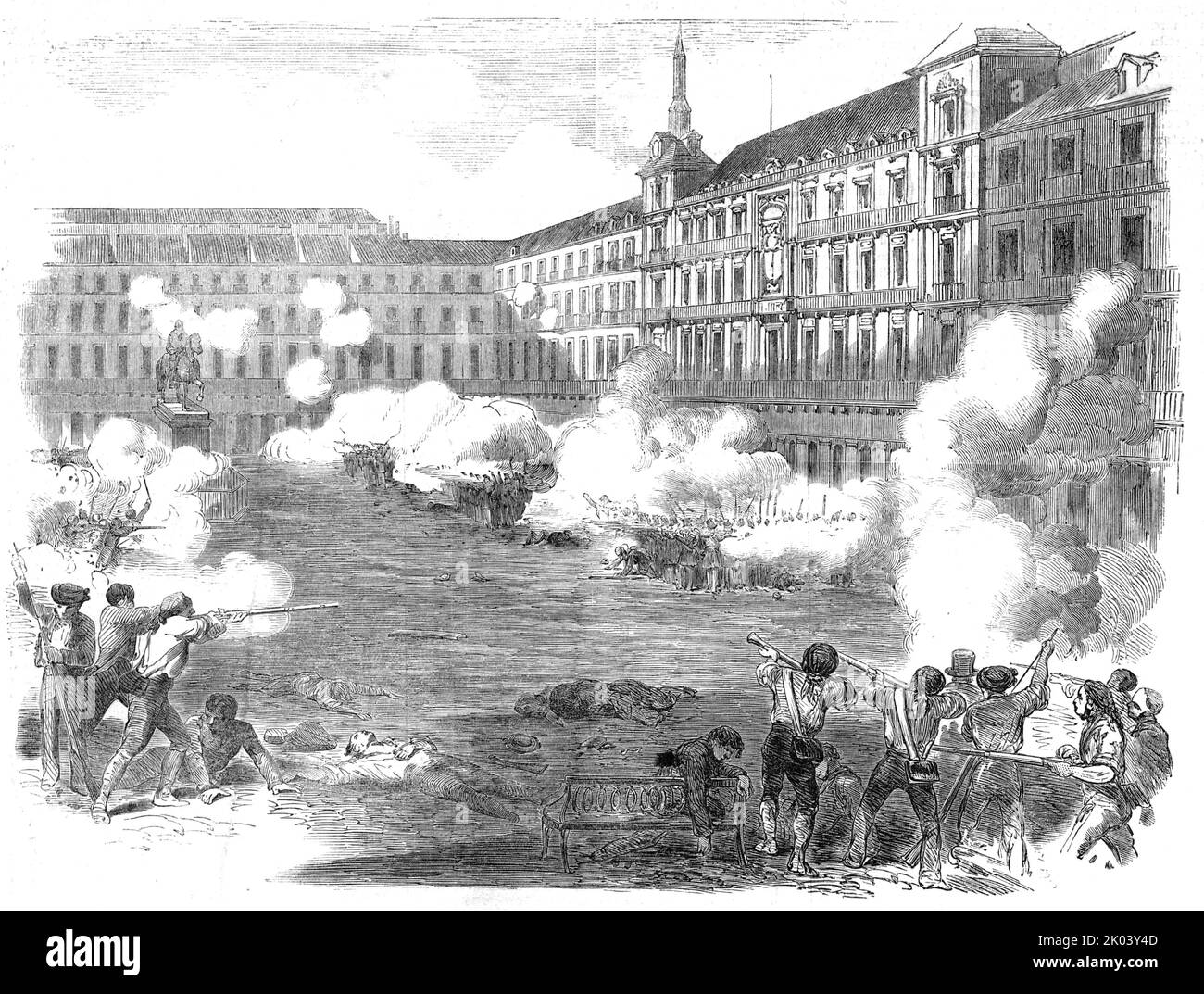 L'insurrezione a Madrid - conflitto in Plaza Mayor, 1854. Scena dalla Rivoluzione spagnola. '...una delle prime scene dell'insurrezione - il conflitto in Plaza Mayor, nel pomeriggio del 18th luglio, quando una piccola colonna, composta da due o tre compagnie di fanteria, due pistole, e un picquet di cavalleria della Guardia Civica, procedette verso Plaza Mayor, e scacciarono gli insorti da una casa, di cui avevano preso possesso. L'artiglieria, tuttavia, è stata impiegata, sembra, principalmente in Calle Atocha, e ha fatto molto danni agli edifici. Pochi dei ribelli sono stati uccisi, Foto Stock