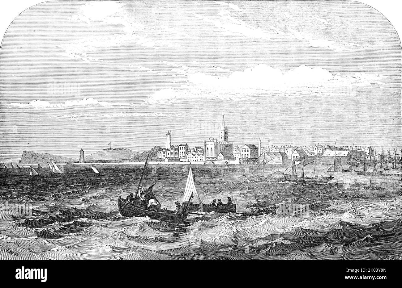 Harwich, 1854. Porto in Essex. "Questa importante linea ferroviaria, che ridurrà notevolmente la distanza tra la metropoli e l'Aia e la fiart settentrionale d'Europa, è appena stata completata... il porto... sta facendo rapidi progressi; sono state fornite ampie sistemazioni per il traffico dei vaporelli, E così rendendo il porto la principale stazione di passeggeri e posta-pacchetto sulla costa orientale ... un viaggio di prova è stato recentemente fatto ad Anversa, con la nuova posta di ferro a vapore Aquilla, una delle flotte del Nord Europa Steam Navigation Company ... durante il viaggio di ritorno l'Aquilla ha proseguito Foto Stock
