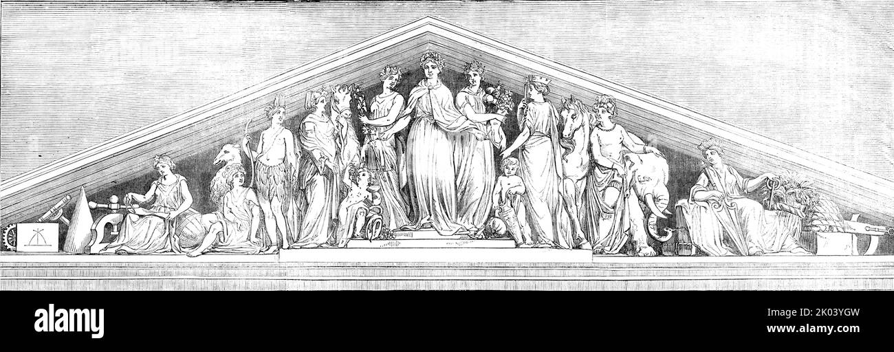 Frontment of the Great Western Royal Hotel, Paddington, [Londra], 1854. 'Scultura sul magnifico hotel recentemente eretto al Paddington Terminus della Great Western Railway...lo stile sontuoso della facciata principale [è] dell'età di Luigi XIV o un po 'più tardi; il disegno di MR P.C. Hardwick...gli arricchimenti scultorei [sono] di MR [John] Thomas, anche per le colossali figure terminali che sostengono il balcone. Sopra è il frontone dello stesso scultore... è riempito di figure allegoriche tra cui i quattro quarti frequentati in modo caratteristico; pace, abbondanza, industria e Scienza, Foto Stock