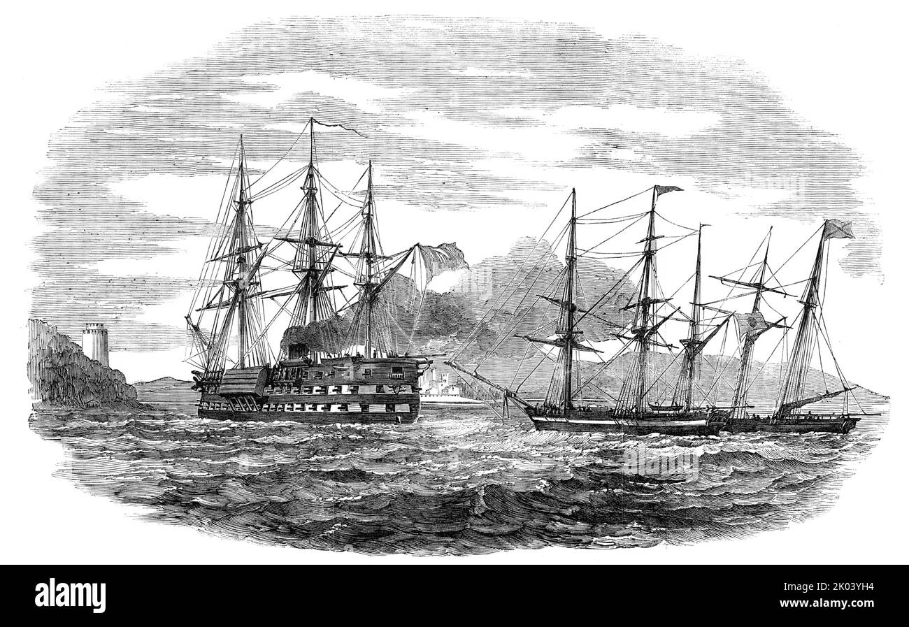 Il vaiolo francese "Carlo Magno" passando i castelli d'Europa e Asia a Costantinopoli, 1854. «Le acque del Bosforo hanno brulicato di trasporti e di piroscottatori negli ultimi mesi; Ma [di recente] c'era un'attività insolita, e molte navi passarono nel Mar Nero...[il] Carlo Magno... navigarono giù da Beicos [Beykoz], ancorata davanti a Dolmabaghsche [Dolmabah&#xe7;e], dove salì un gran numero di truppe, e prese a bordo di due calandri, o accendini, uno su ogni lato. Sulla sua strada, il giorno seguente, ha preso due trasporti in rimorchio. Lei è qui rappresentare Foto Stock
