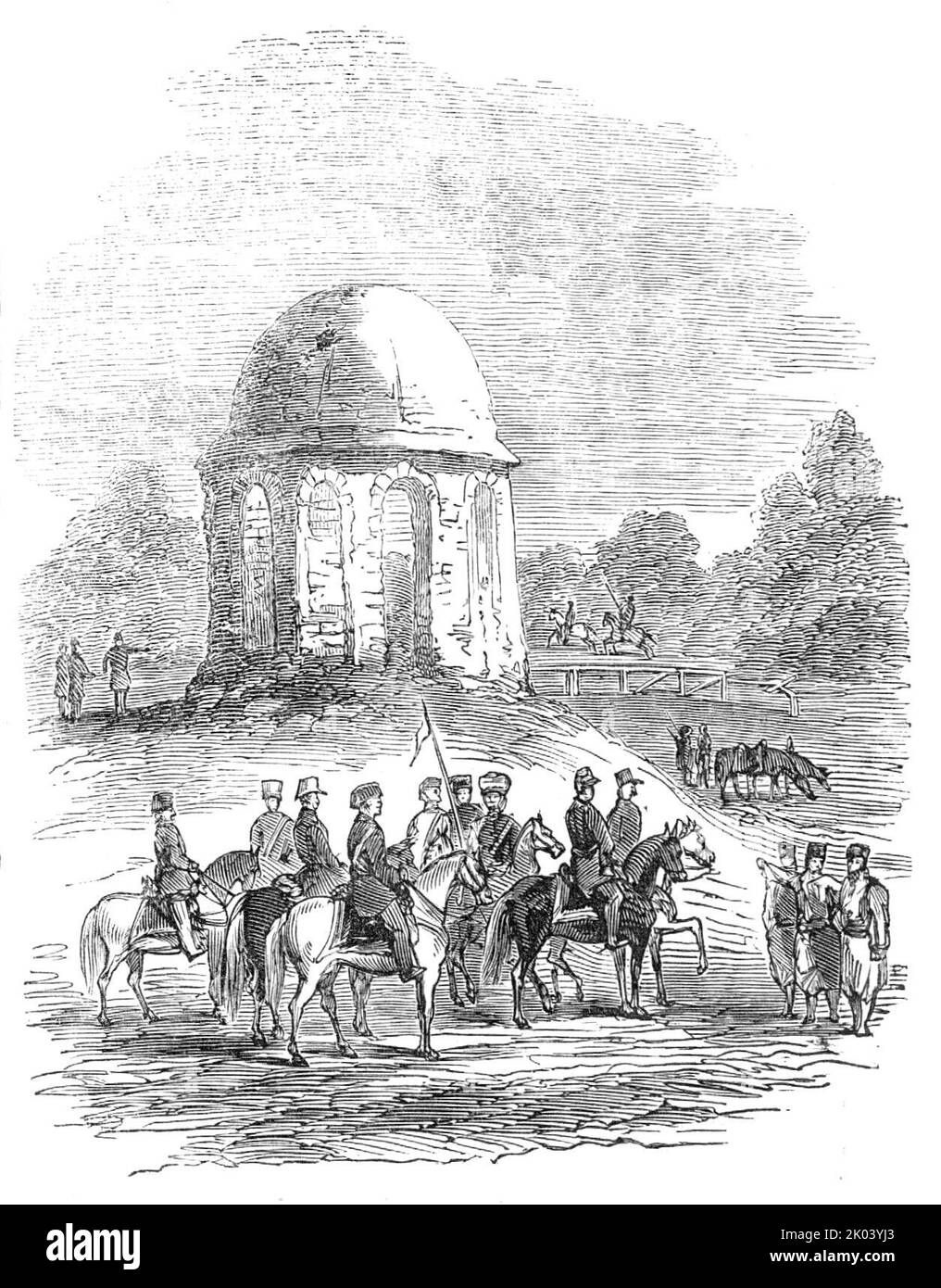 Monumento a Croce di Petra, a Kalougaren, 1854. Memoriale a Calugareni nella Romania moderna, '...che commemora la vittoria del principe Michele di Wallachia sul sultano Mahmoud nel 1585. Il Sultano inviò un esercito di 180.000 uomini sotto il Grand Vizier Sinan Pacha, per ridurre il Principato alla sua vecchia obbedienza... il Principe Michele attaccò i Turchi, che fuggirono dal ponte, portando con sé... Sinan Pacha, che cadde nell'acqua, e fu salvato solo dal coraggio di uno dei suoi seguaci... Molti altri Pacha, meno fortunati del loro capo, furono catturati dai Wallachs; e il principe Michele, Foto Stock