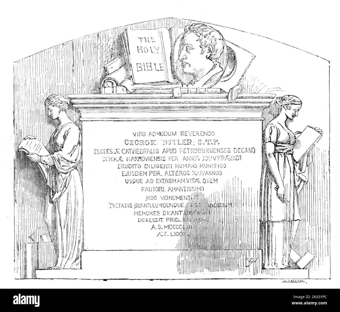 Monumento al defunto Rev. D. Butler, nella chiesa di Harrow, 1854. Targa commemorativa di George Butler, direttore della Harrow School e decano di Peterborough, nella chiesa di St Mary, Harrow on the Hill, Londra. 'Monumento - eseguito in marmo, da Richard Westmacott ... all'interno di una cavità stampata di pietra Caen ... su entrambi i lati della tavoletta recante l'iscrizione è una piccola statua. Uno rappresenta una donna che legge un MS dispiegato [manoscritto], e che ha ai suoi piedi lo scrinium, riempito di rotoli di MSS., e che può essere considerato per impersonare la letteratura classica. L'altra...figura femminile, è rappresentata Foto Stock