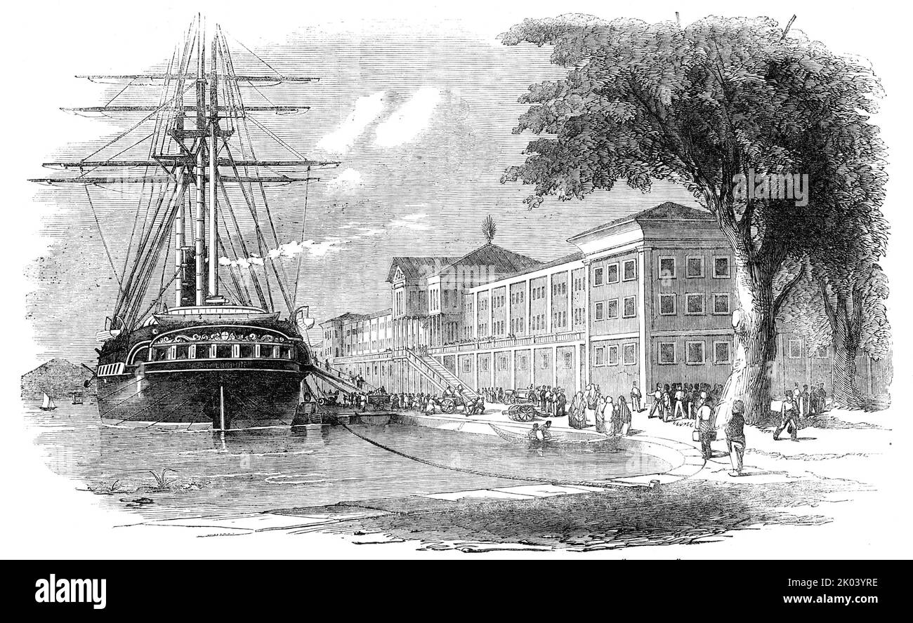 La caserma di Kuleieh, Costantinopoli - l'artiglieria reale sbarcò da "il Jason", 1854. Scena dalla guerra di Crimea, i soldati britannici arrivano in Turchia. 'In queste bella caserme si trovavano i Greys scozzesi, uscendo dall'Himalaya... per primi si scaricano le carrozze e i vagoni-polvere. Poi furono tirate fuori le carrozze-cannoni; poi, un paio di barche piatte con ponti (come la nave non poteva avvicinarsi), e poi le botti sono lasciate giù nei loro luoghi. Sul balcone della caserma, proprio di fronte alla nave, c'era una banda turca che suonava per la gratificazione o Foto Stock