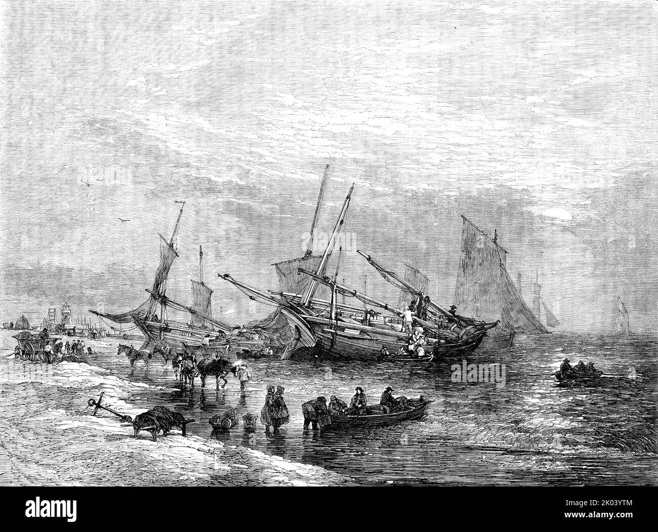 "The Lowestoft Herring Fishery" - disegnato da E. Duncan, 1854. Barche da pesca sulla costa Norfolk, illustrazione di un mare shanty. "Chi comprerà le aringhe fresche e sonore? Chi comprerà le aringhe dalla libbra? Dalla libbra - o dalla tonnellata - ferri freschi fini ogni! Chi comprerà le aringhe appena catturate - mezzo cento per un inguine? Freschi, sono sani - salati, buoni - buoni a colazione, o a cena! Chi comprerà le aringhe? Ecco da risparmiare - doni Frugal, cibo dei poveri - grazie al cielo, per le taglie gratuite, grazie per le aringhe in mare!"' Da "Illustrated London News Foto Stock