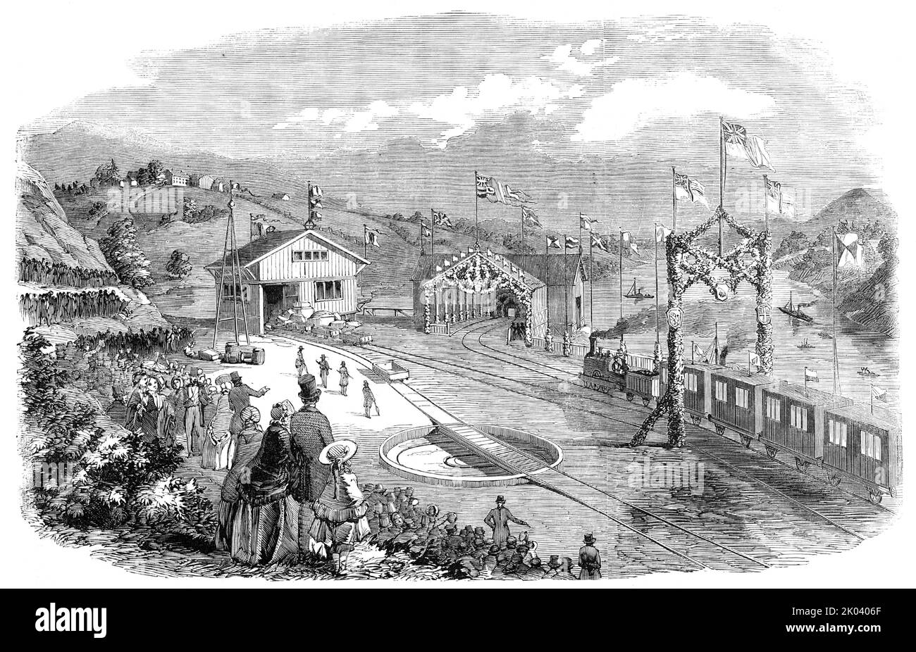 La linea ferroviaria norvegese - Stazione di Eisvold [Eidsvoll], 1854. 'La linea è lunga quarantadue miglia, collegando la capitale Christiania con il lago Mjosen [MJ&#xf8;sa], che...attraverso i piroscaioli...ha portato i quartieri più popolosi in collegamento con la costa; Da cui finora sono stati esclusi, a causa della difficoltà della comunicazione interna... ciò che colpisce per primo il viaggiatore nel vedere il carattere montagnoso del terreno, è l'impraticabile costruzione di una ferrovia... è stata richiesta la massima abilità per superare le difficoltà, mentre il Foto Stock
