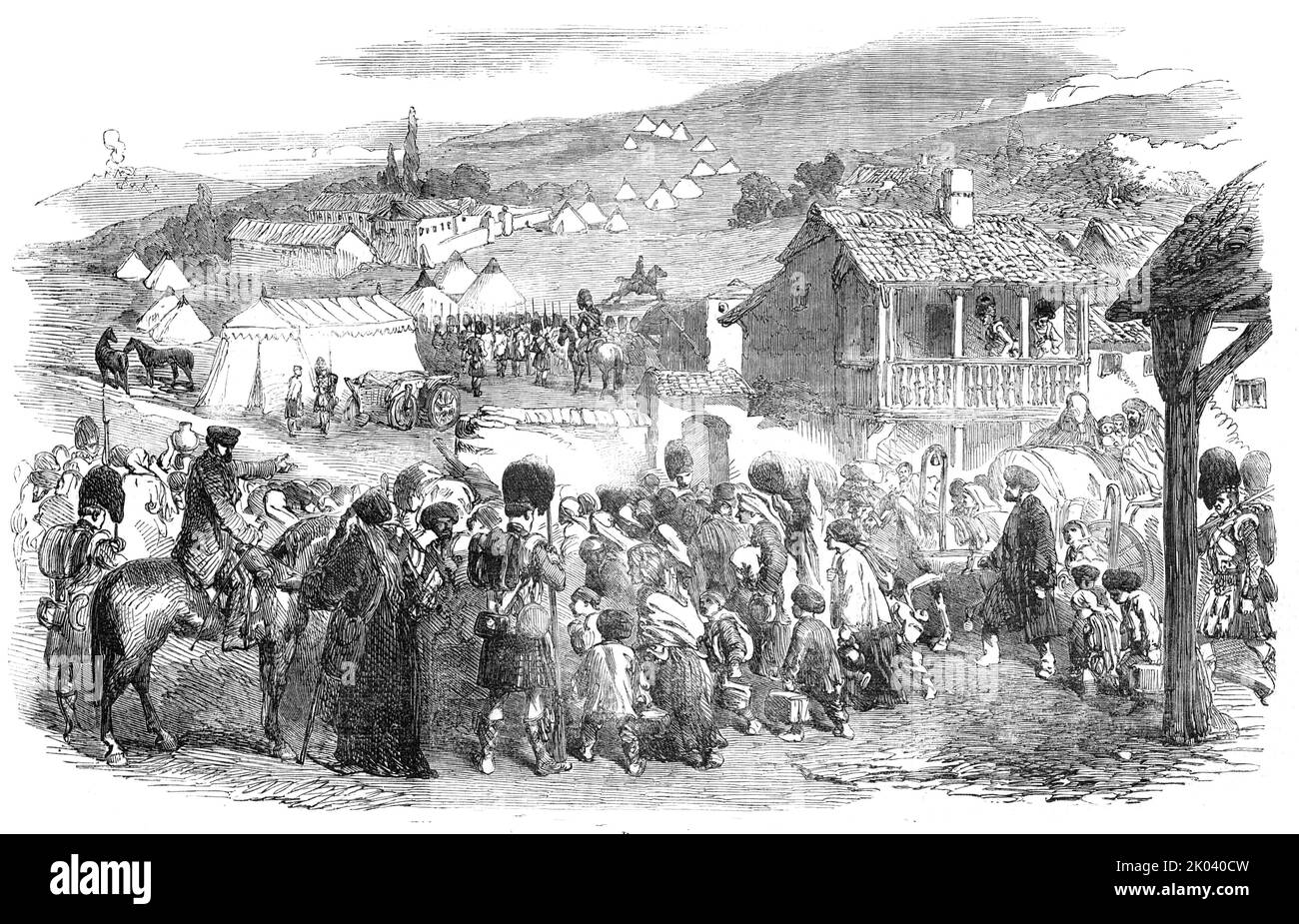 Gli abitanti che lasciano Balaclava, per ordine di Lord Raglan, 1854. Guerra di Crimea: Espulsione dei civili greci da parte dell'esercito britannico. 'Per mezzo di un interprete [Lord Raglan] disse loro che tutta la popolazione adulta maschile deve lasciare il posto entro tre ore; solo donne e bambini potrebbero rimanere indietro. Qualsiasi uomo trovato in città dopo quel periodo sarebbe stato colpito... un vecchio priest...came anni in avanti per lamentarmi...era la quarta volta che era stato cacciato dalla sua casa. Una volta che aveva visto la sua casa saccheggiato e rovinato, a Candia; una seconda volta nella guerra del Peloponneso; una terza, a Stamboul [is Foto Stock